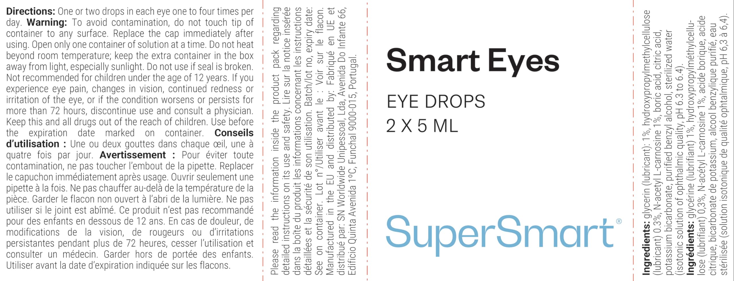 Supersmart - Smart Eyes™ - Gocce per gli Occhi con l' 1% di N-acetil L-carnosina - Aiuta a Prevenire gli Occhi Secchi, le Irritazioni e le Cataratte | No-OGM & Gluten Free - 2 Contenitori da 5 ml