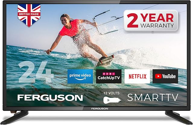 Ferguson F2420RTS -12 Volt 24 inch Smart 12-volt LED TV with streaming apps and catch up TV built-in | Made in the UK, Black