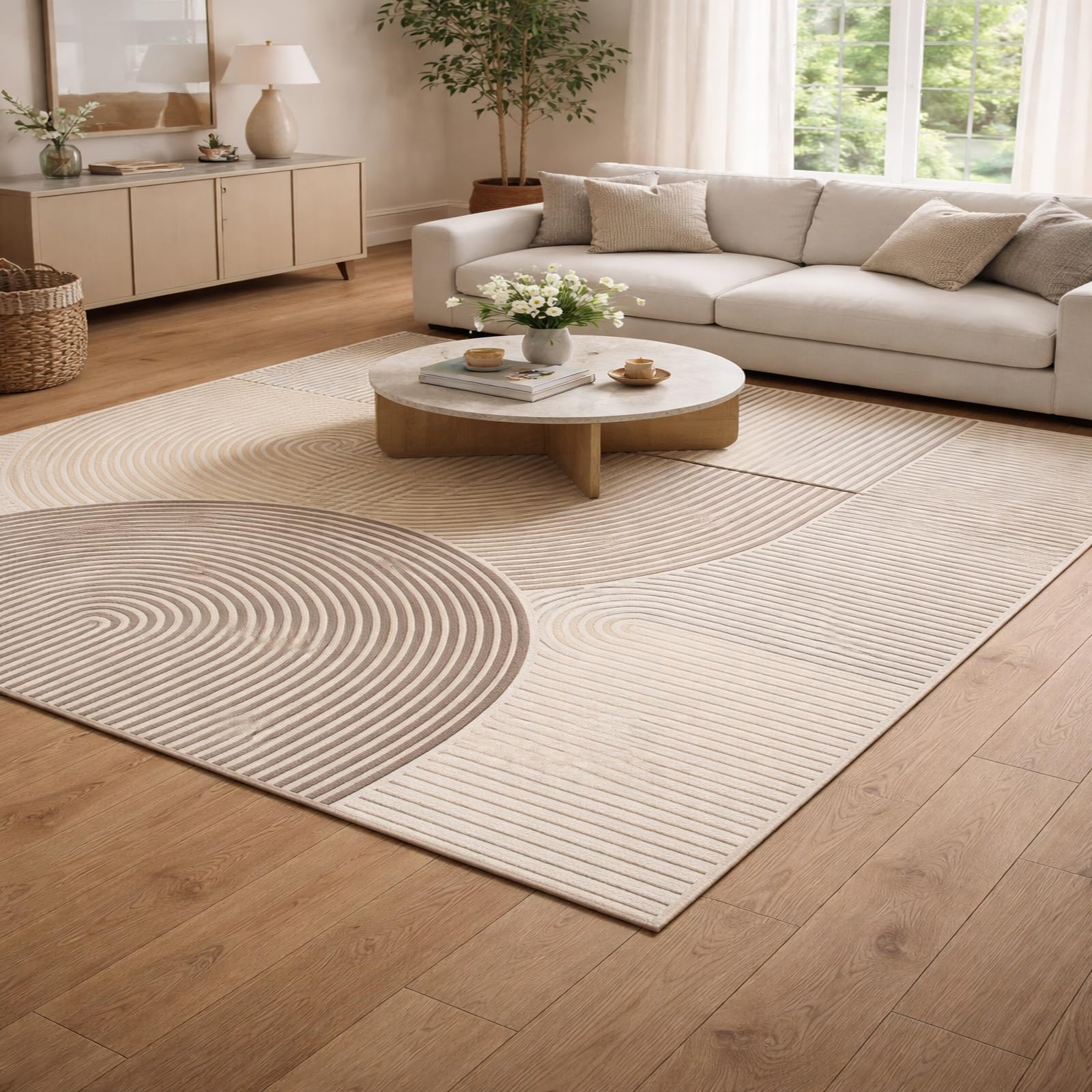 Tapis poils ras facile d'entretien pour salon moderne géométrique abstrait beige 120x160