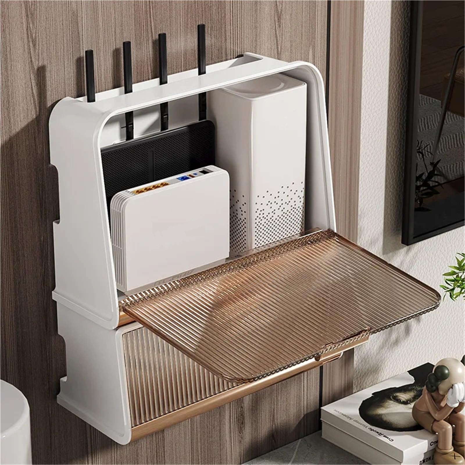 Router Schrank Wandbehang for kabellosen WLAN-Router, Regal, Aufbewahrungsbox, Drahtkabelgehäuse, Stromhalterung, Organizer, Steckerbrett(Beige Set1)