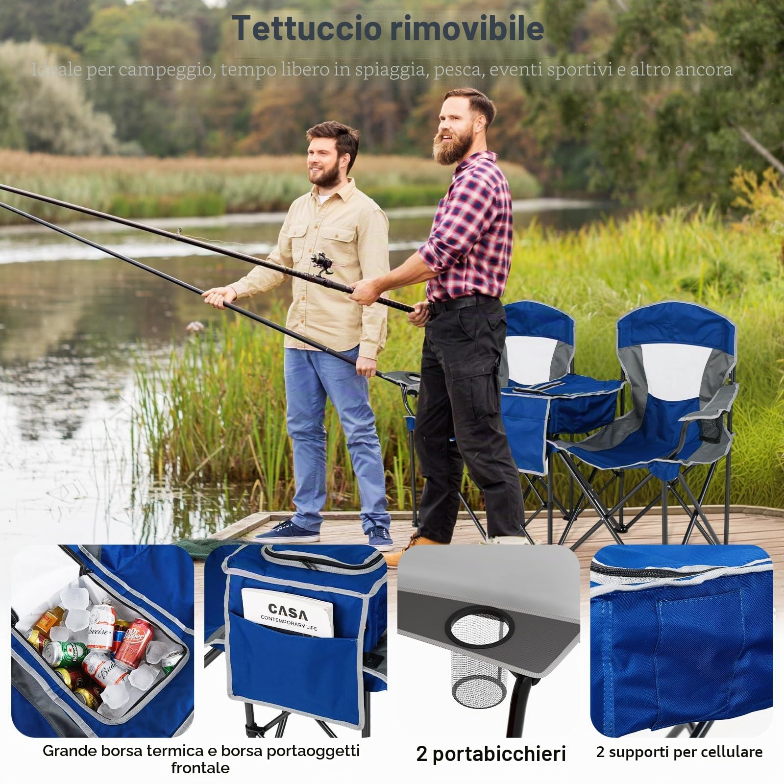 GIANTEX Set di 2 sedie da campeggio pieghevoli con tettuccio parasole, mini tavolo, borsa termica e porta bevande, sedia pieghevole per 2 persone, modello 2 blu scuro