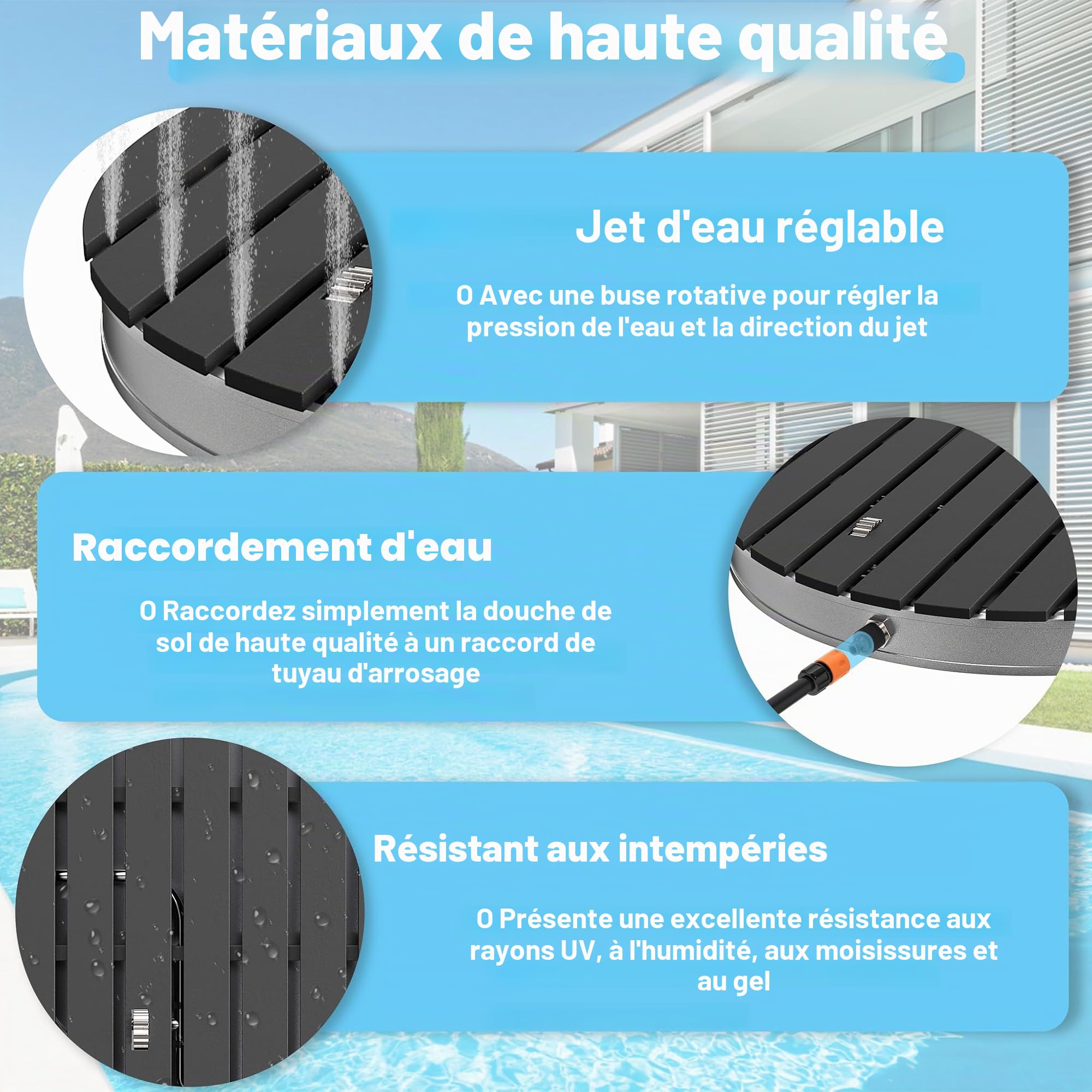 UISEBRT Douche de jardin en WPC et aluminium - Douche au sol mobile Douche solaire Douche de camping - Hauteur de jet jusqu'à 4m réglable - pour piscine Jardin Terrasse (Rond - Anthracite)