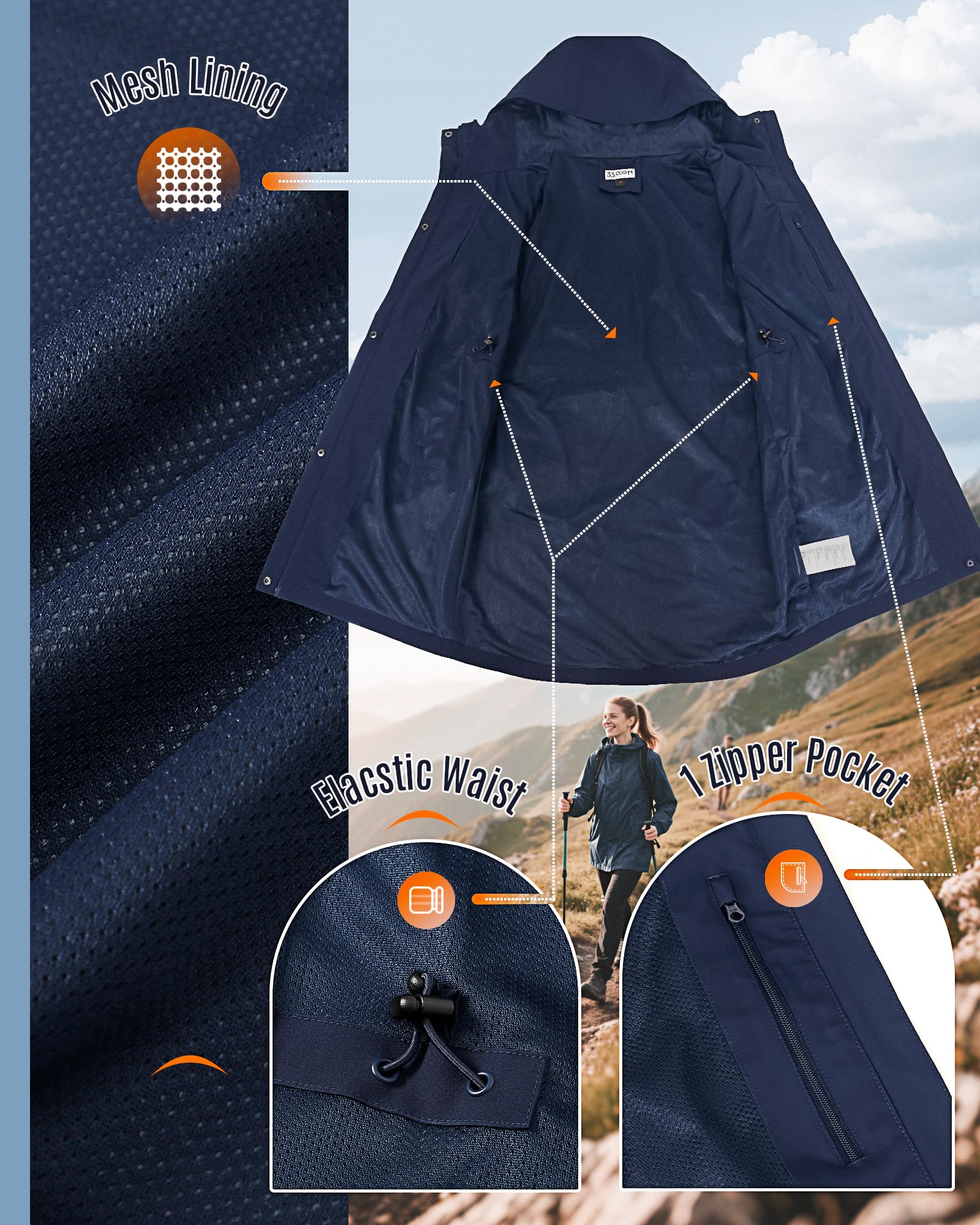 33,000ft Veste de pluie coupe-vent pour femme - Longue veste softshell imperméable avec capuche - Veste de transition légère - Veste de randonnée respirante pour le printemps, l'été et l'automne