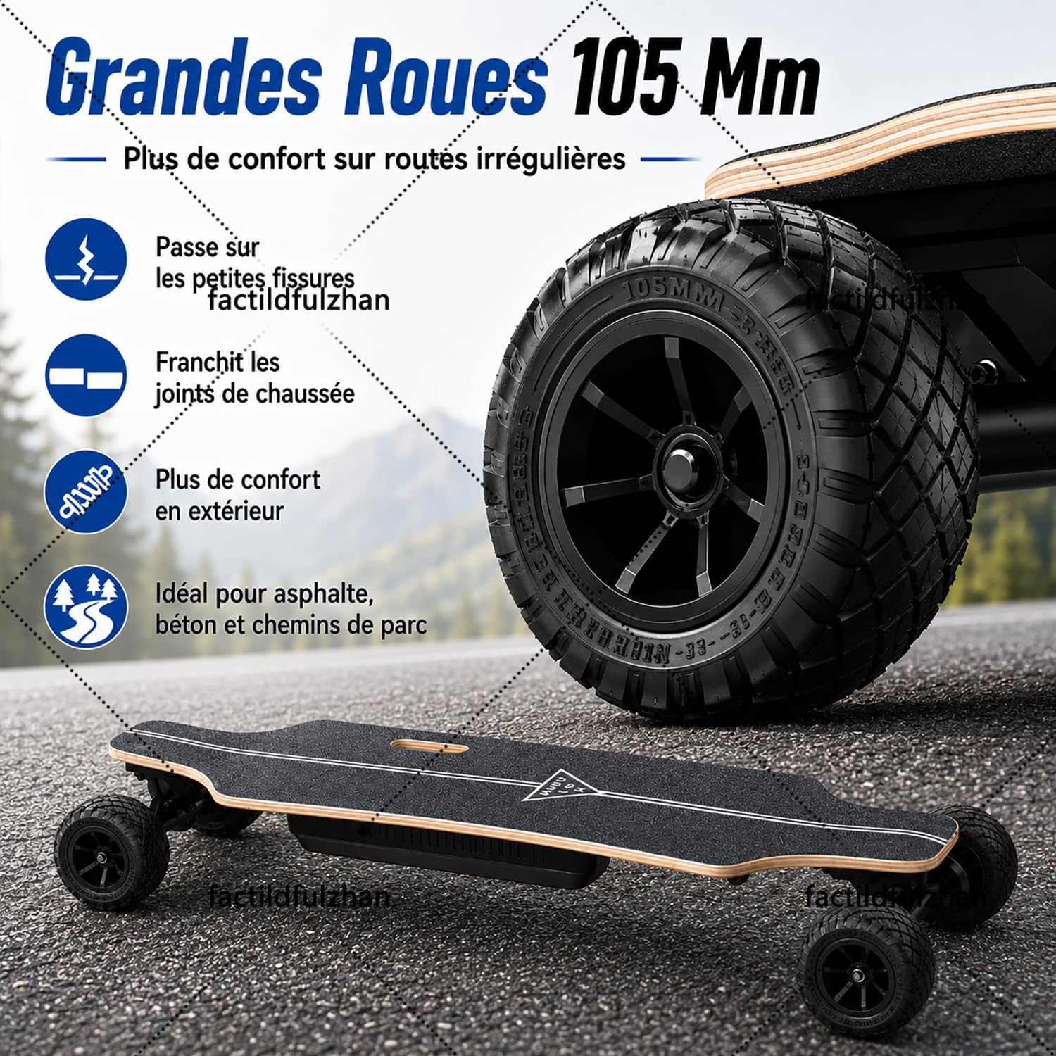 Longboard Électrique Adulte, Skateboard Électrique Grandes Roues 105 mm avec Double Entraînement, Télécommande LCD, 4 Modes, 4 Niveaux de Freinage, Plateau Érable 83 x 21 cm, Charge 150 kg