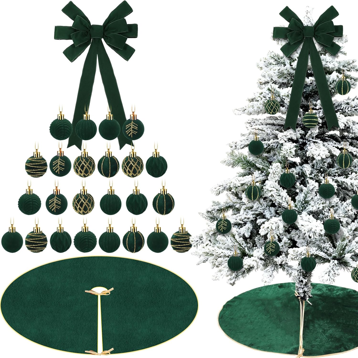 26 Pcs Wine Red Christmas Decorations Set 25.6 Inch Velvet Large Bow Xmas Tree Topper 48 Inch Christmas Tree Skirt Ball Ornaments for Home Office Xmas Holiday Party Decoration