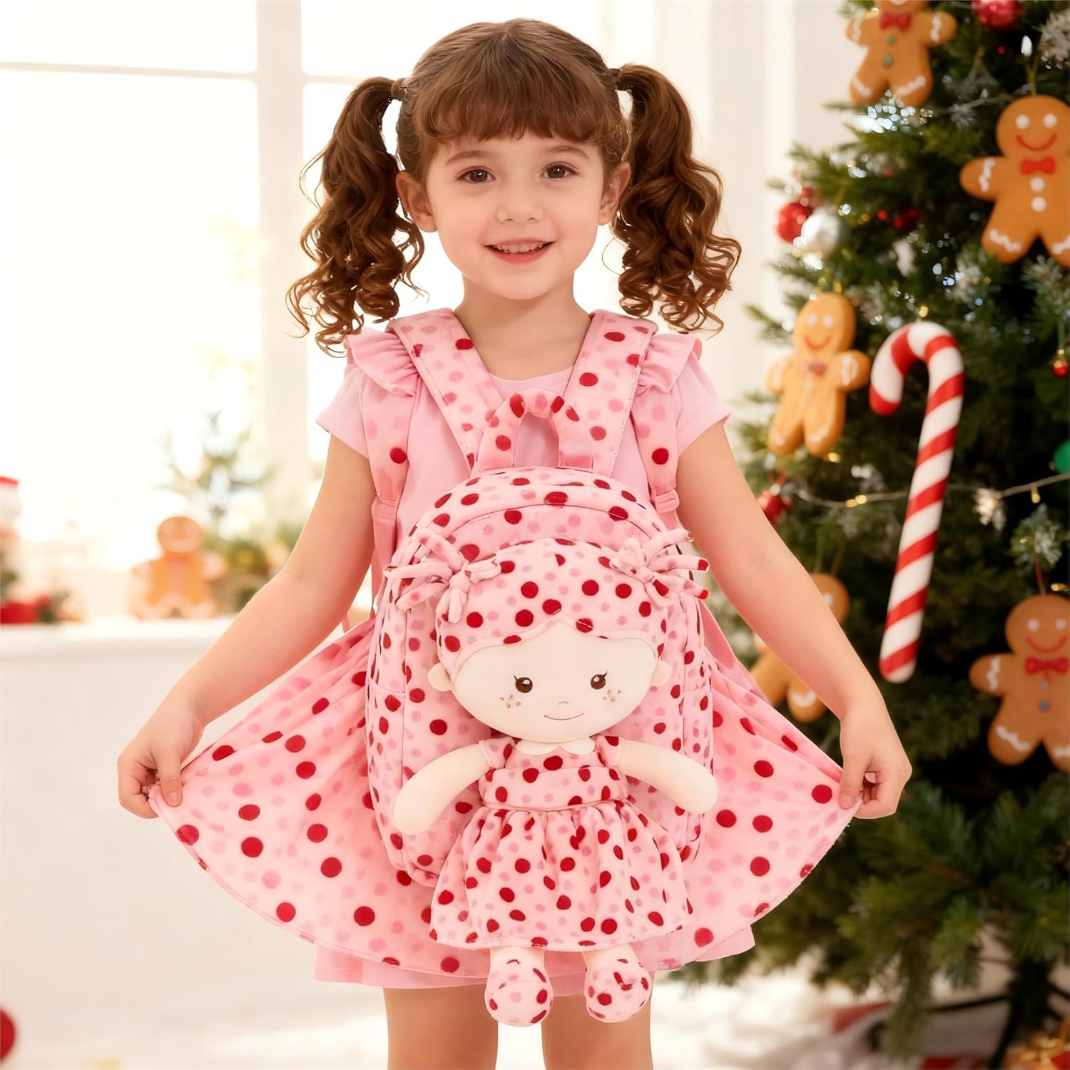 Onetoo Toddler Backpack Back to School Gifts for Girls Plush Backpack Kids Backpacks with Soft Light Baby Dolls in Red Polka Dots Dress 9" - Image 7