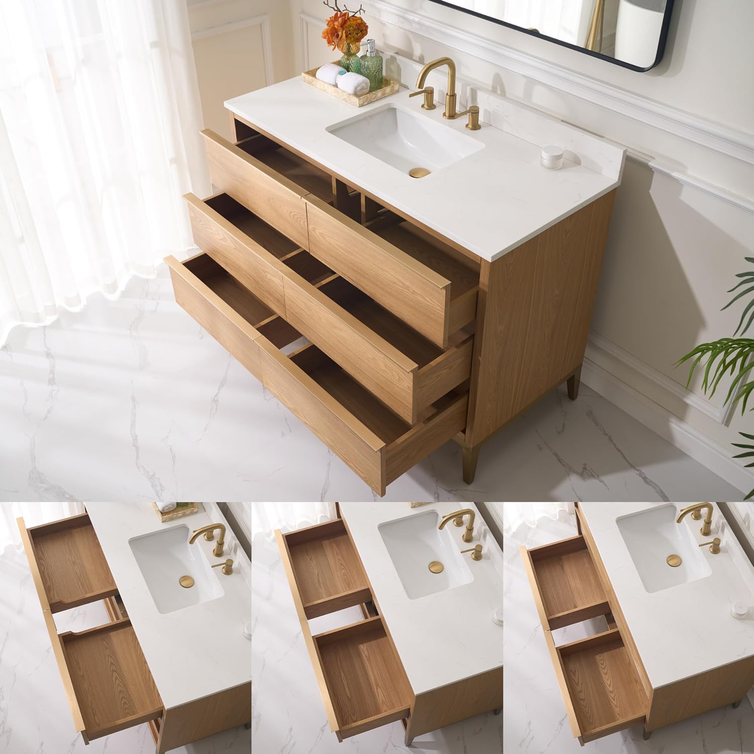 WELLFOR 48" Bathroom Vanity with Sink, Freestanding Wooden Bathroom Makeup Cabinet W/ 6 Soft-Close Drawers and Backsplash, Solid Wood Frame Bathroom Vanity, Light Oak