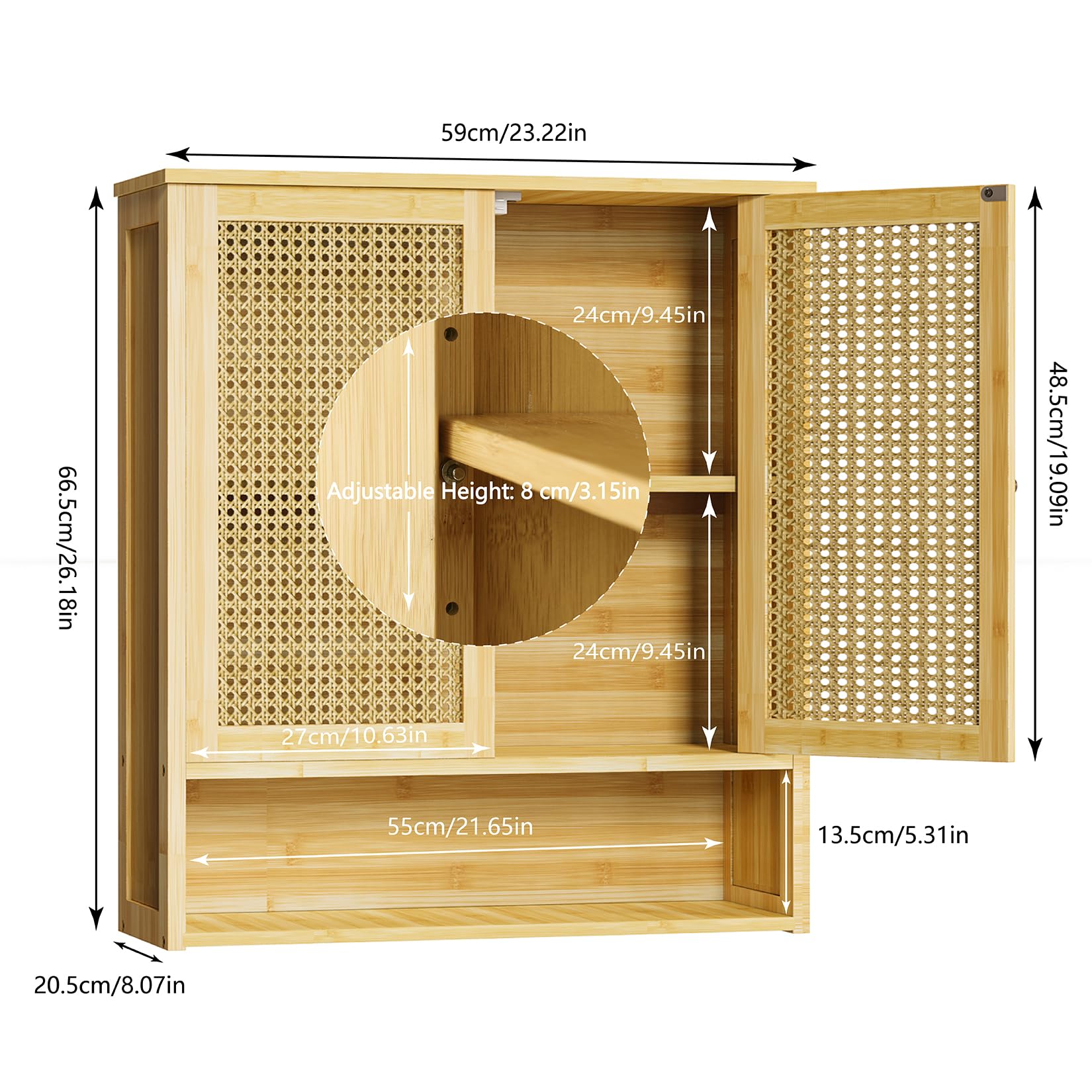 unho Armadietto Bagno da Parete Bambù: Mobile Pensile Salvaspazio da Bagno Cucina per Lavatrice Armadio da Muro Sopra Lavanderia Lavabo WC con 2 Ante Ripiano Regolabile 59x20,5x66,5cm