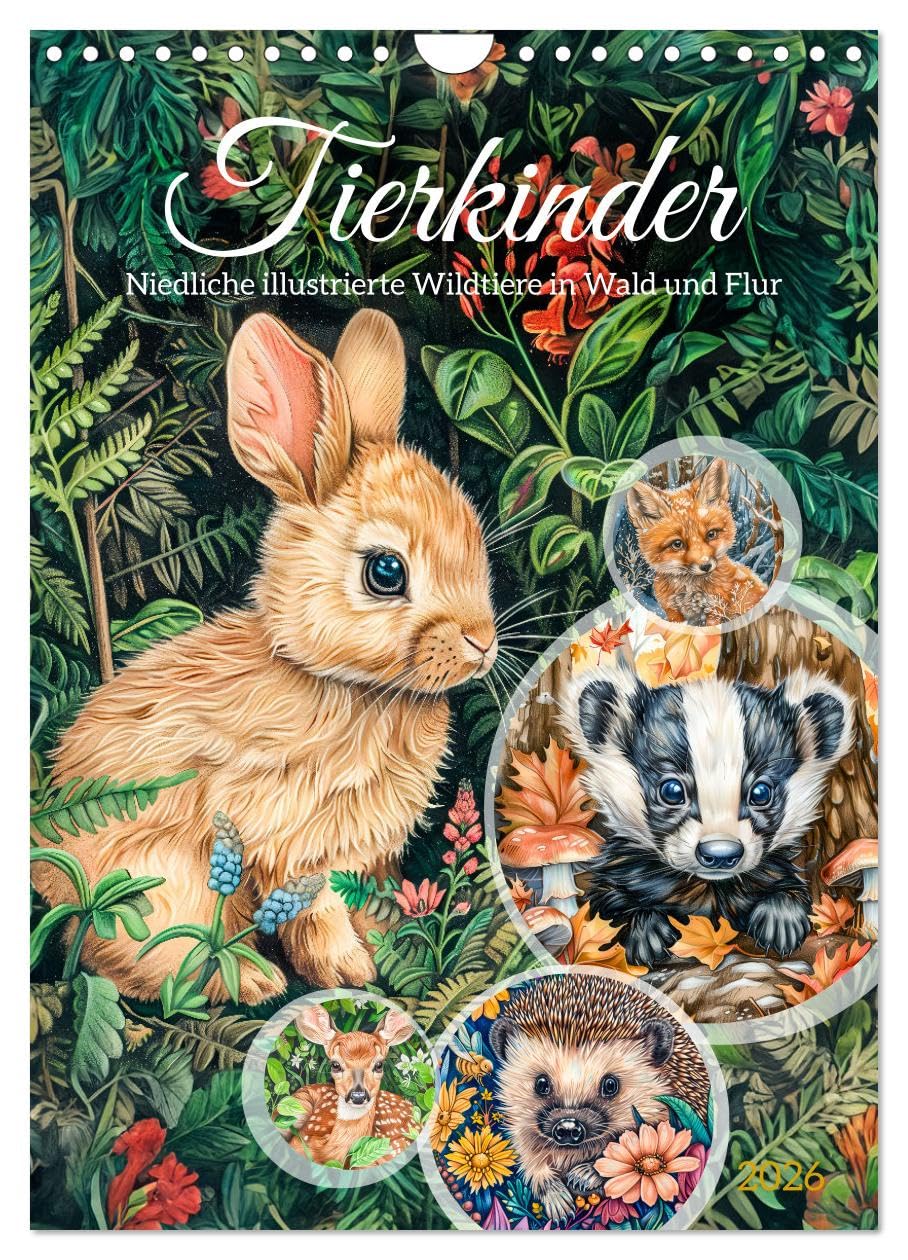 Animal children - Cute illustrated wild animals in woods and meadows UK-Version (Wall Calendar 2026 DIN A4 Portrait), CALVENDO 12 Month Wall Calendar — image 1