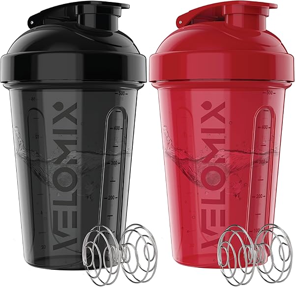 VELOMIX -2 PACK- 600ml Eiweiß Shaker - Auslaufsicher Shaker Proteinshake Mit 2x Kugel | Drehverschluss & Mess-Skala Shake Becher | Spülmaschinengeeignet & Stackable Protein Shaker (Black/Red)