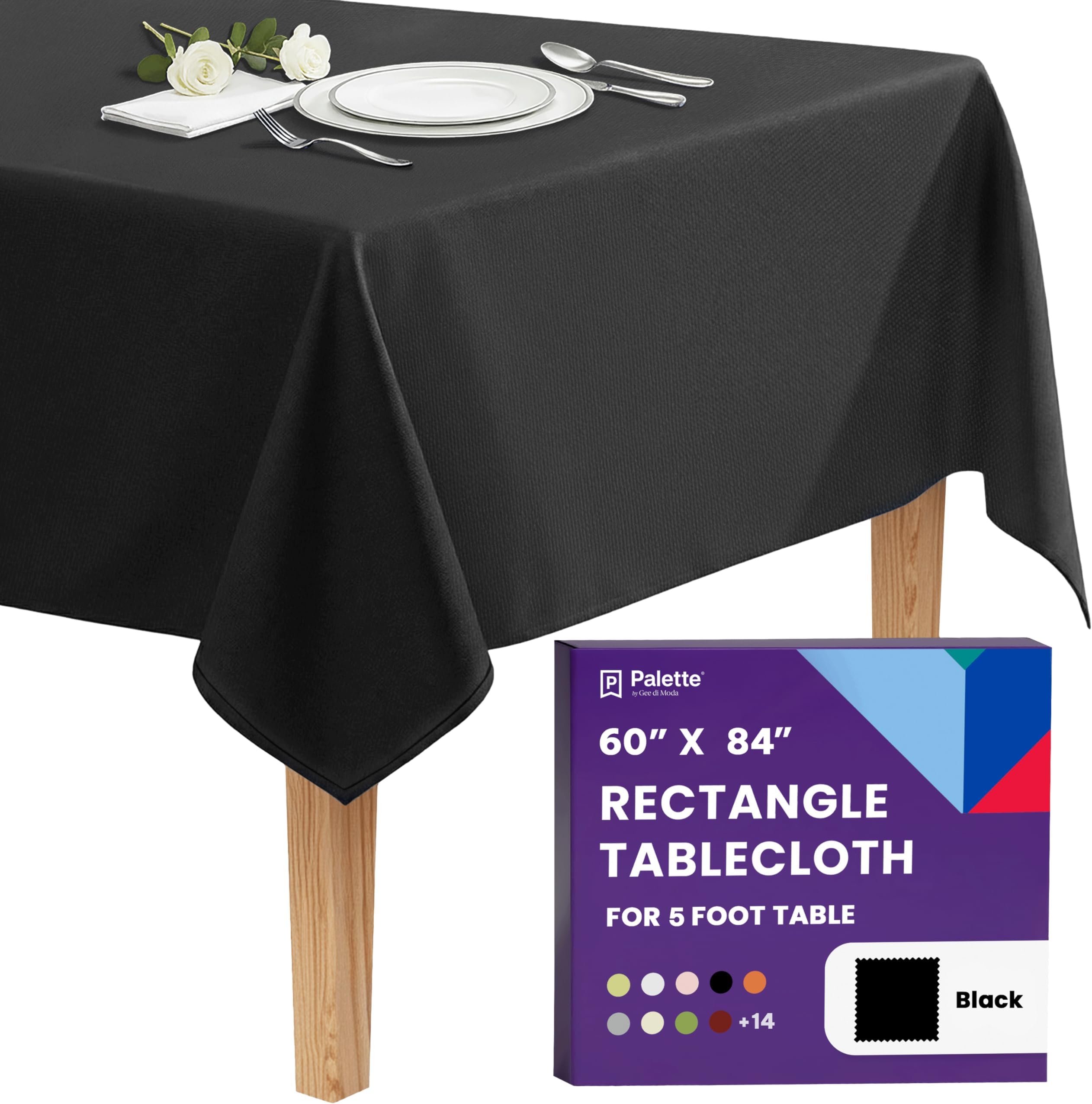 Gee Di Moda Rectangle Tablecloth - 60 x 84 Inch Black Table Cloth for 5 Foot Rectangle Tables - Heavy Duty Washable Fabric - for Holiday Party, Dinner, Weddings, Baby Shower & Events