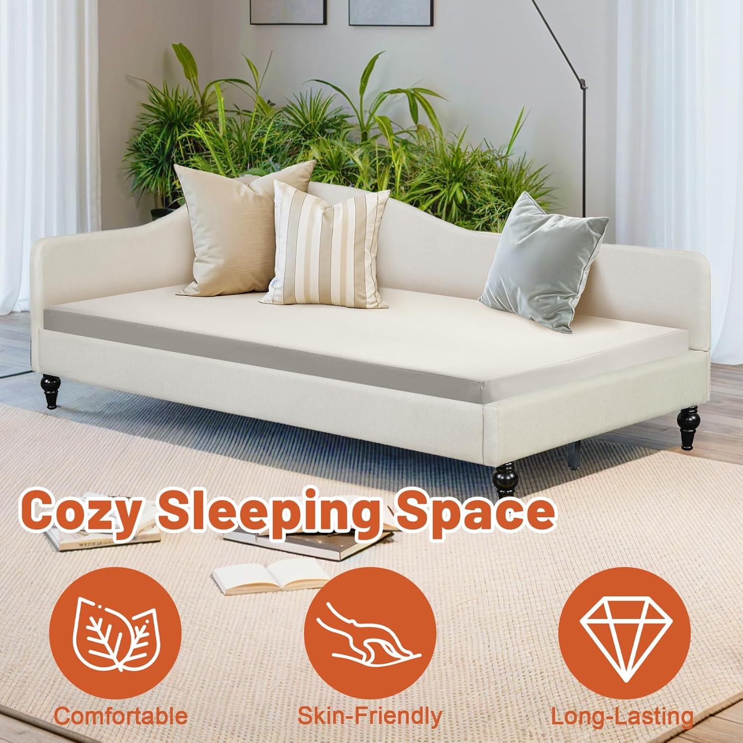 Twin Size Upholstered Daybed L-Shaped Linen Sleeper Sofa Bed with Solid Wood Legs Corner Day Bed Frame for Living Room Bedroom Guestroom, Beige