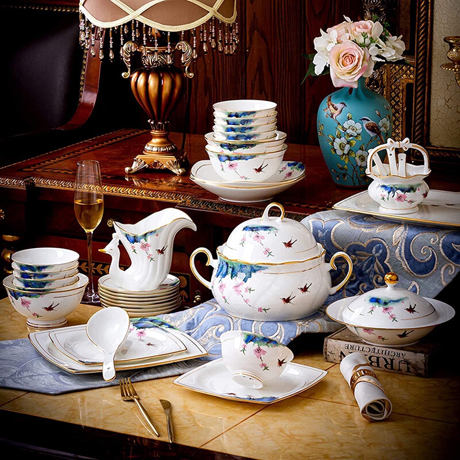 H3TF5J Luksusowy ceramiczny zestaw zastawy stołowej, 50 sztuk kości w Chinach, zastawa stołowa, Wysoka temperatura Zdrowa porcelana, prezent ślubny i parapetacyjny, projektowanie w stos