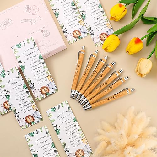Miniatura 4 de Zhanmai Recuerdos de safari para baby shower, incluye bolígrafos de bambú y tarjetas de agradecimiento para baby shower, bridas plateadas,