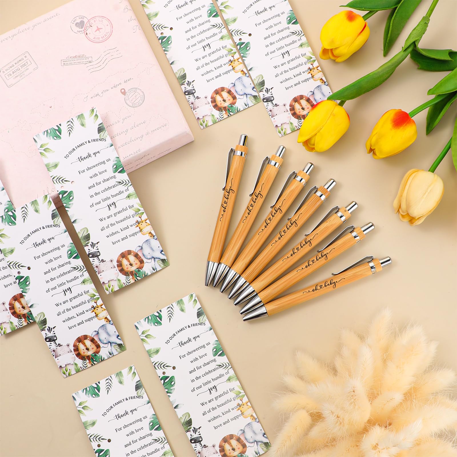 Zhanmai- 75 juegos de recuerdos para baby shower con temática de safari, incluye bolígrafos de bambú y tarjetas de agradecimiento para baby shower, bridas plateadas, decoraciones para baby shower con