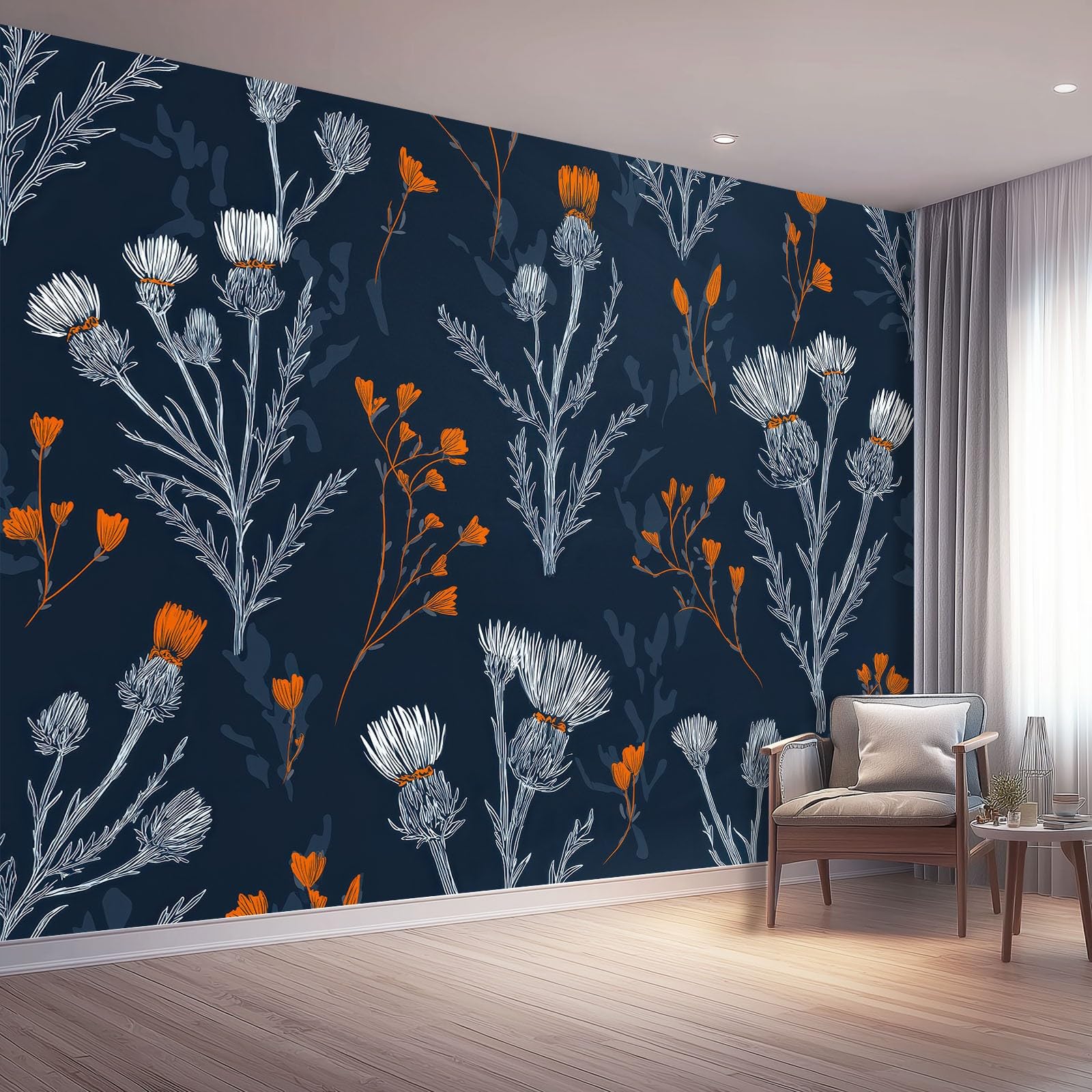 Fototapeta Ręcznie Rysowana Ciemnoniebieska Roślina Kwiaty Trawa Tapeta Włóknina Dekoracja Salon Sypialnia Biuro, 300 x 210 cm