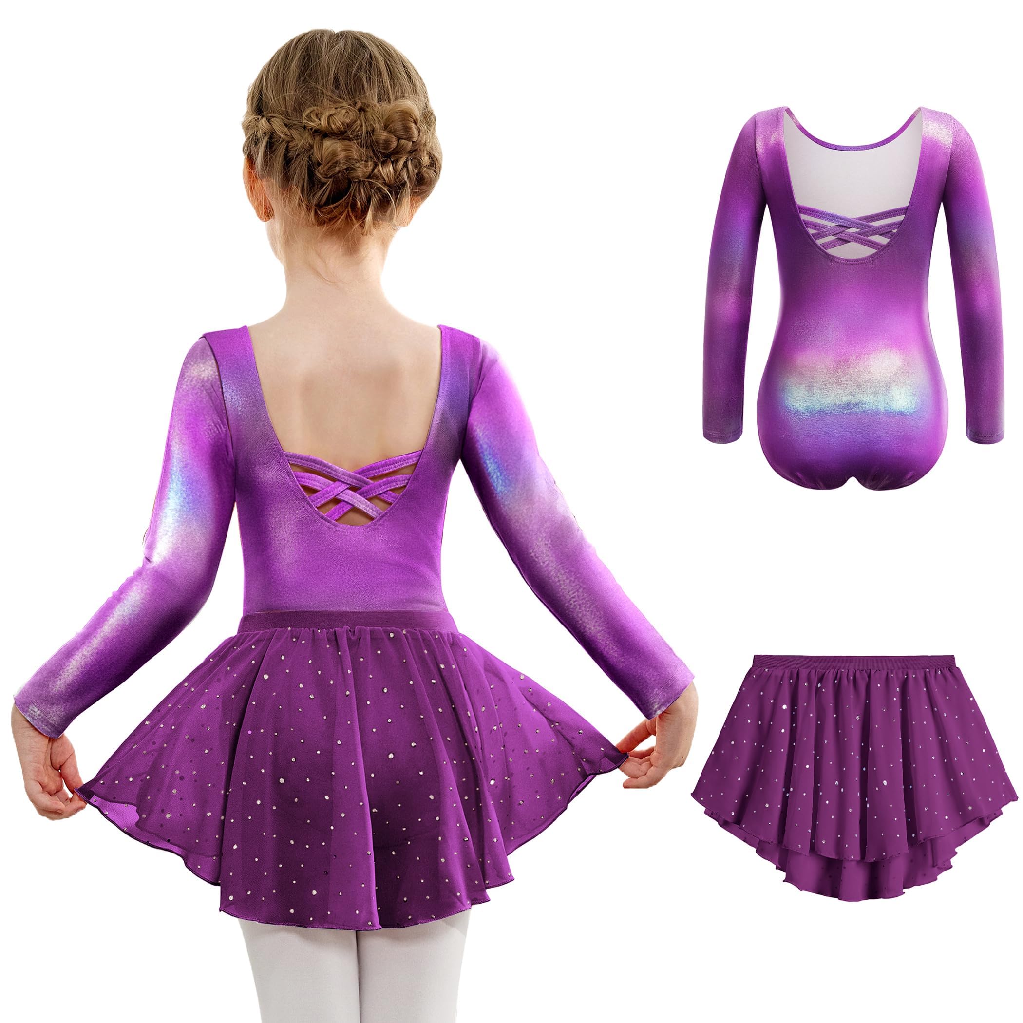 Arshiner Ballettkleidung Mädchen Rückenfrei Baumwolle Ballettkleid Balletttrikot Langzarm Tanzkleid Tanzbody mit Irregulär Chiffon Rock Tütü 2-10 Jahre