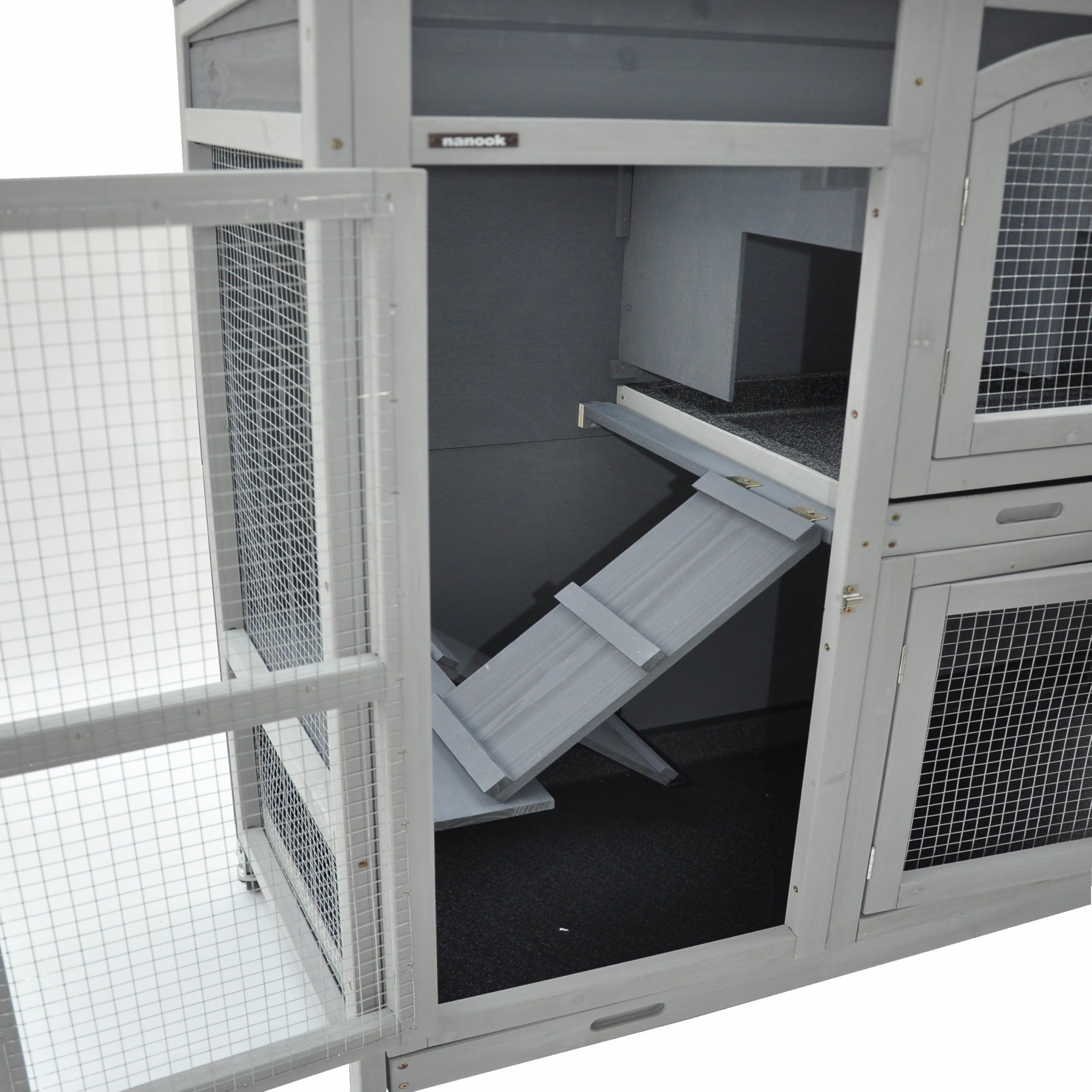 nanook Indoor Kleintierstall Hamster Meerschweinchenstall Zwergkaninchen seitliche Aufgänge für mehr Platz - lasiert - feststellbare Rollfüße - praktische Dachöffnung - 111 x 45 x 107 cm - grau