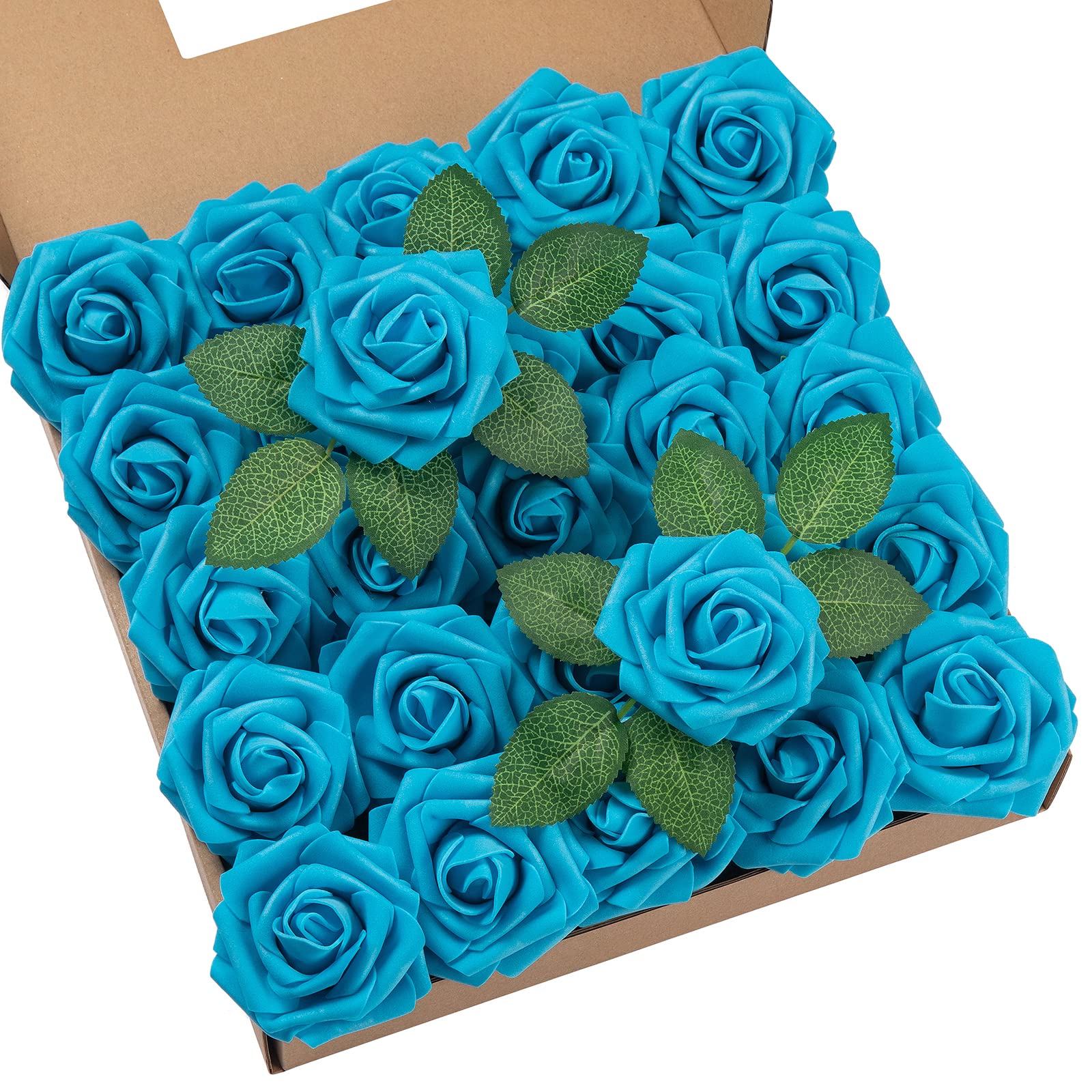 DuHouse Künstliche Rosen Blumen Fake Schaumstoff Rosen Köpfe mit Stiel Künstliche Blumen Rose für Hochzeit Home Party Baby Dusche Valentinstag Deko(25 Stück,Mittelblau)