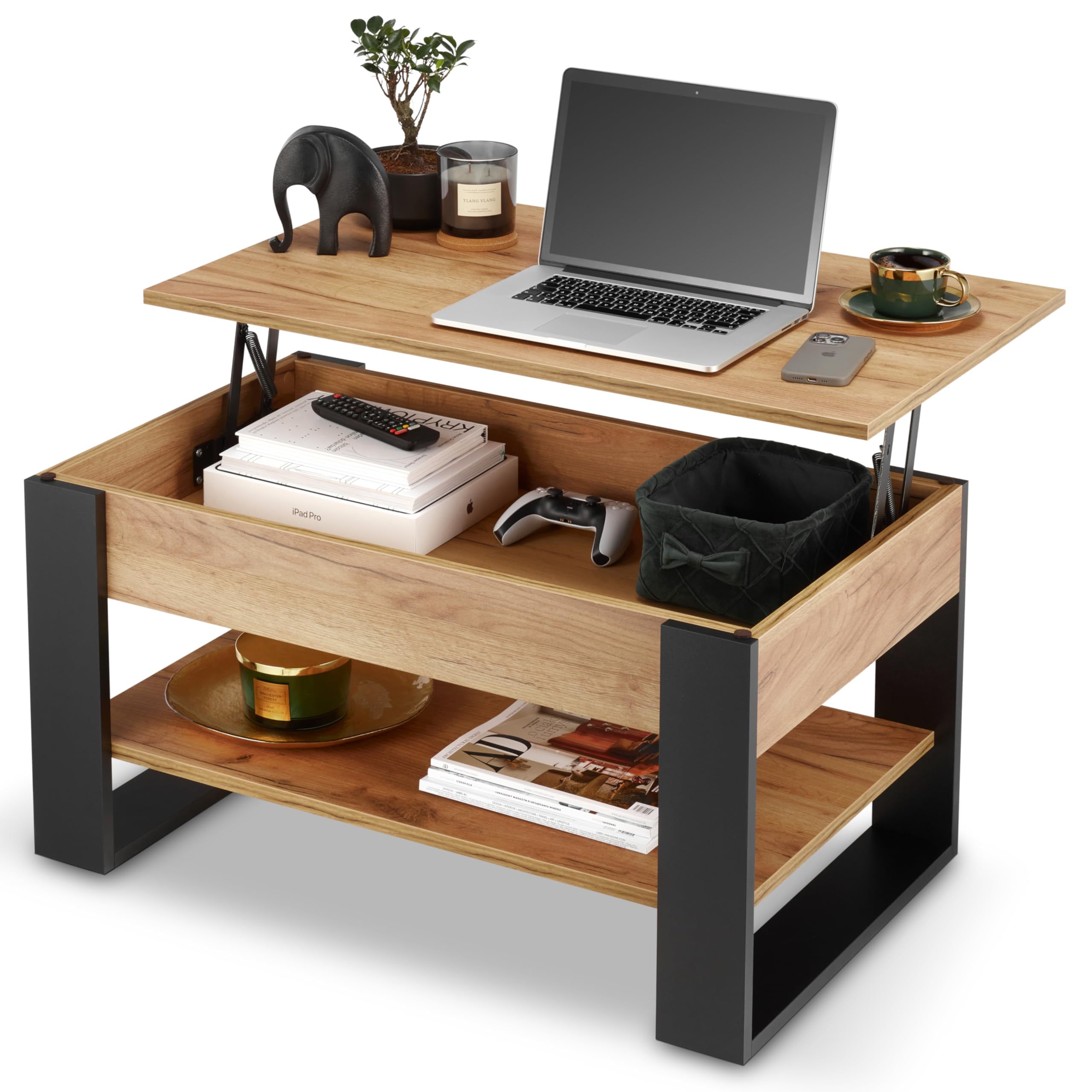 defiPad Tavolino Salotto Sollevabile con Contenitore - Tavolo da Caffè Regolabile in Altezza 45-61 cm - Prodotto nell'UE - Design Moderno Stile Industriale - Coffee Table