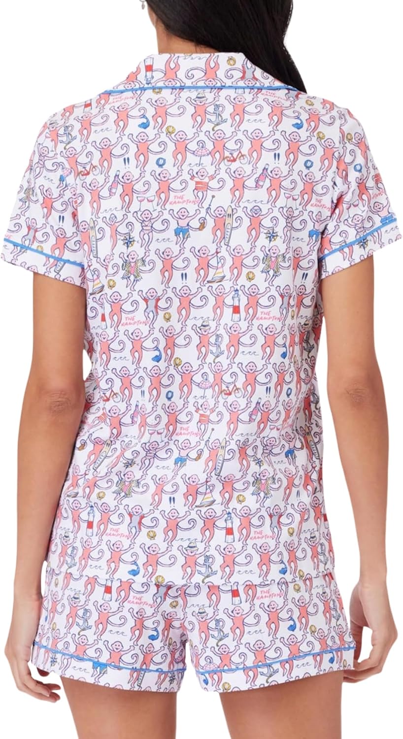 Women Y2k Pajamas Set Cute Preppy 2PCS Button Down Holiday Monkey Shorts Summer Outfit Beach Vacation Loungewear PJs