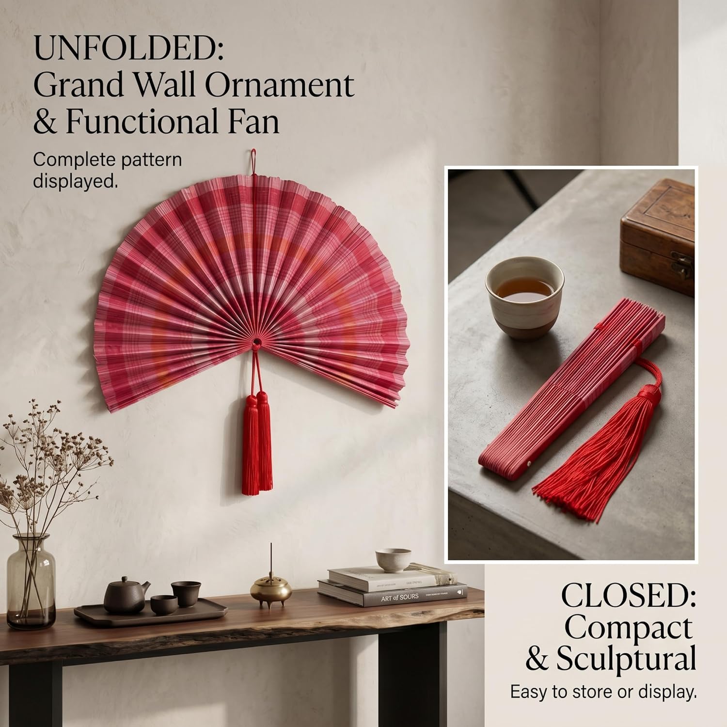 Ginwrek Fan Wall Decor, 30x22in Big Fan Wall Art Foldable Decorative Fans with Tassel for Home Office Hotel, Red