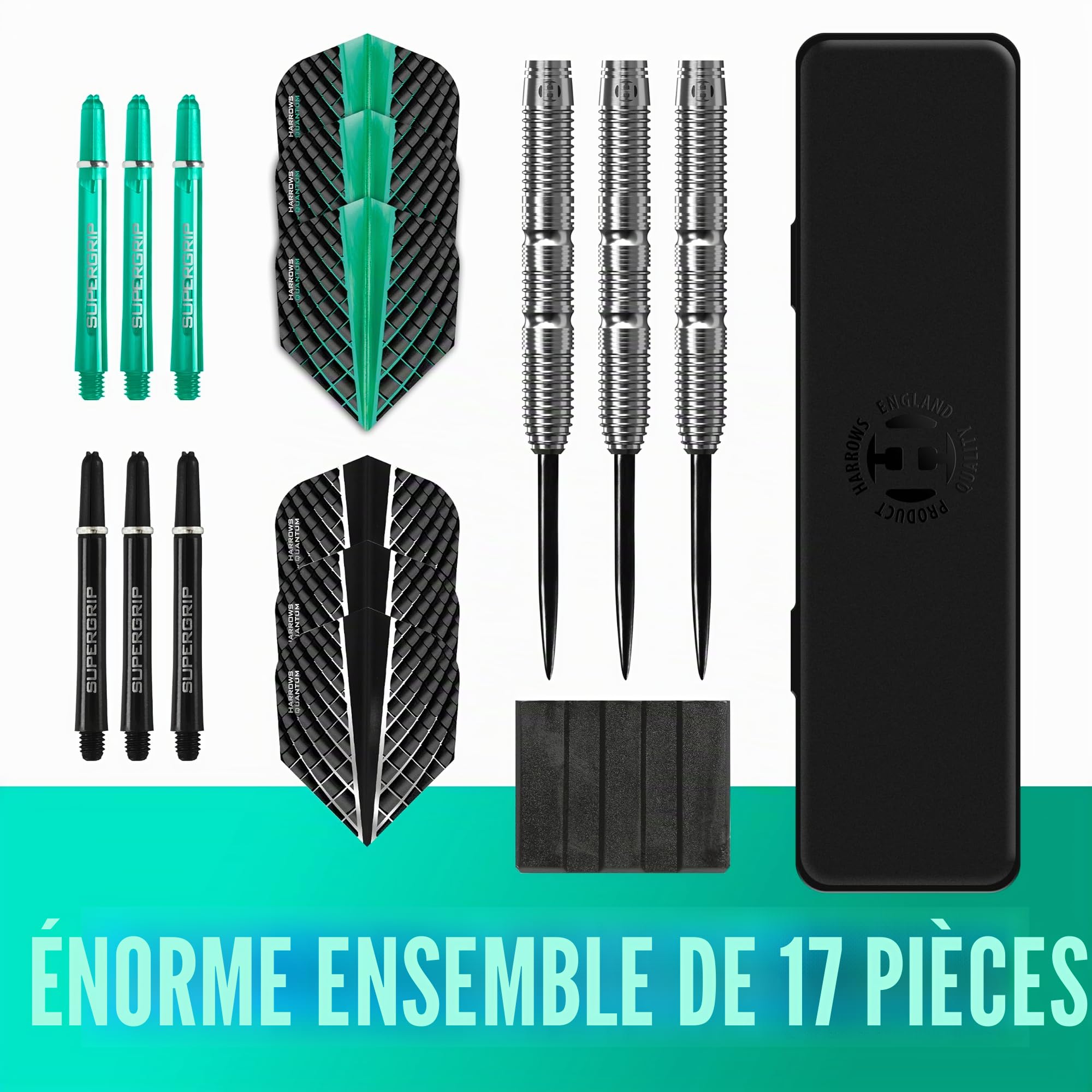 Harrows NX Elite 90% Tungstène Jeu de Fléchettes à Pointe Acier | 21g à 26g Tous Les Poids Disponibles | Énorme Lot de 17 Pièces avec Tiges Supergrip, Ailes Quantum et Étui de Transport