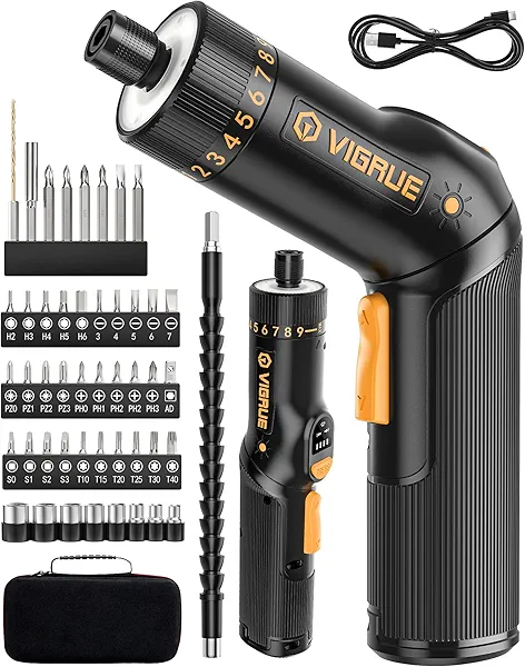 VIGRUE Cordless Screwdriver Set, 8V Max 10Nm Rechargeable Electric Screwdriver with 47 Accessories, 320RPM/10+1 Torque Setting power screwdriver kit, 2 Position Handle with LED Light