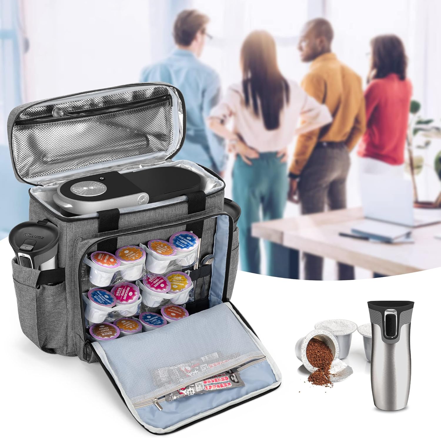 CURMIO Coffee Maker Travel Bag Compatible with Keurig K-Mini or K-Mini Plus, Single Serve Coffee Brewer Carrying Case with Multiple Pockets for K-Cup Pods, Travel Mugs, Gray (Bag Only, Patent Design)