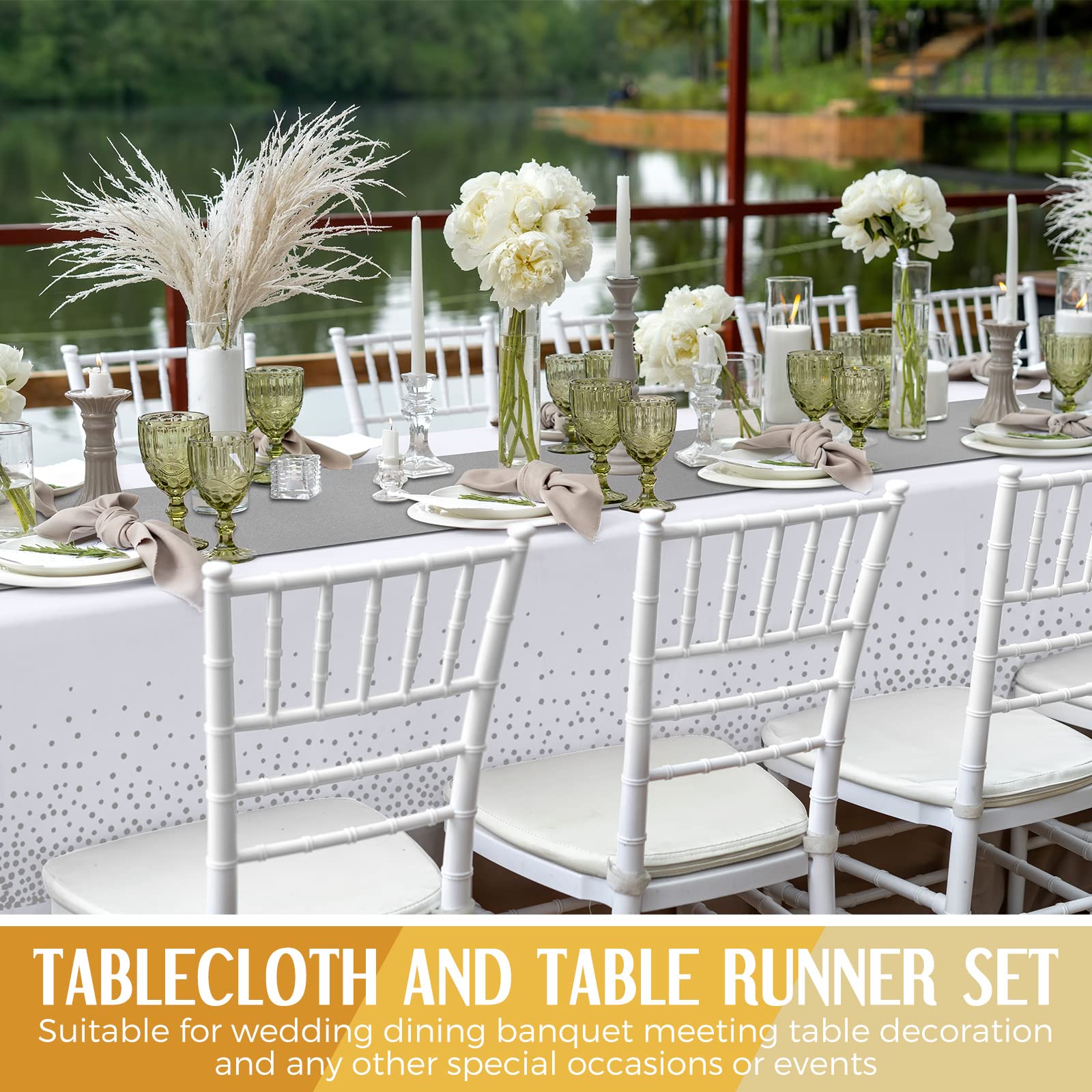 Tudomro 16 manteles desechables de plástico rectangular de 54 x 108 pulgadas con camino de mesa de satén de 12 x 108 pulgadas para decoración de bodas, fiestas de cumpleaños (plateado y blanco)