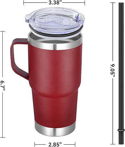 Miniatura 4 de Vaso de acero inoxidable de 20 onzas con asa, taza de viaje para café con aislamiento de metal, taza de viaje con asa y tapa, color rojo vino,