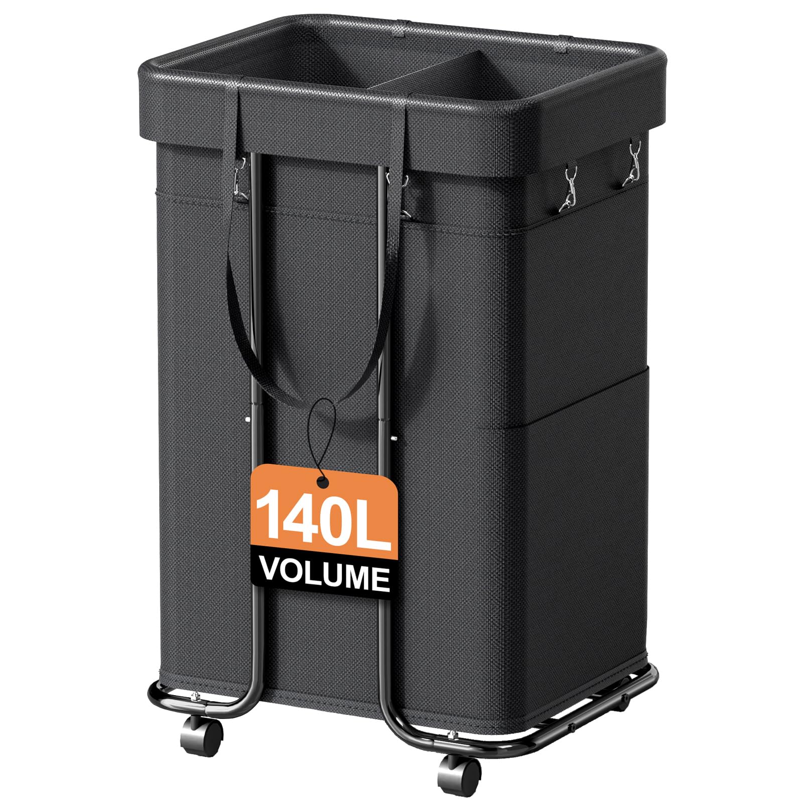 140L Laundry Basket with Wheels, Rolling Laundry Basket with Metal Frame and Removable Bag, 2 Section Laundry Hamper, Large & Tall Dirty Clothes Hampers for Bedroom, Laundry Room, Bathroom Dorm Blk