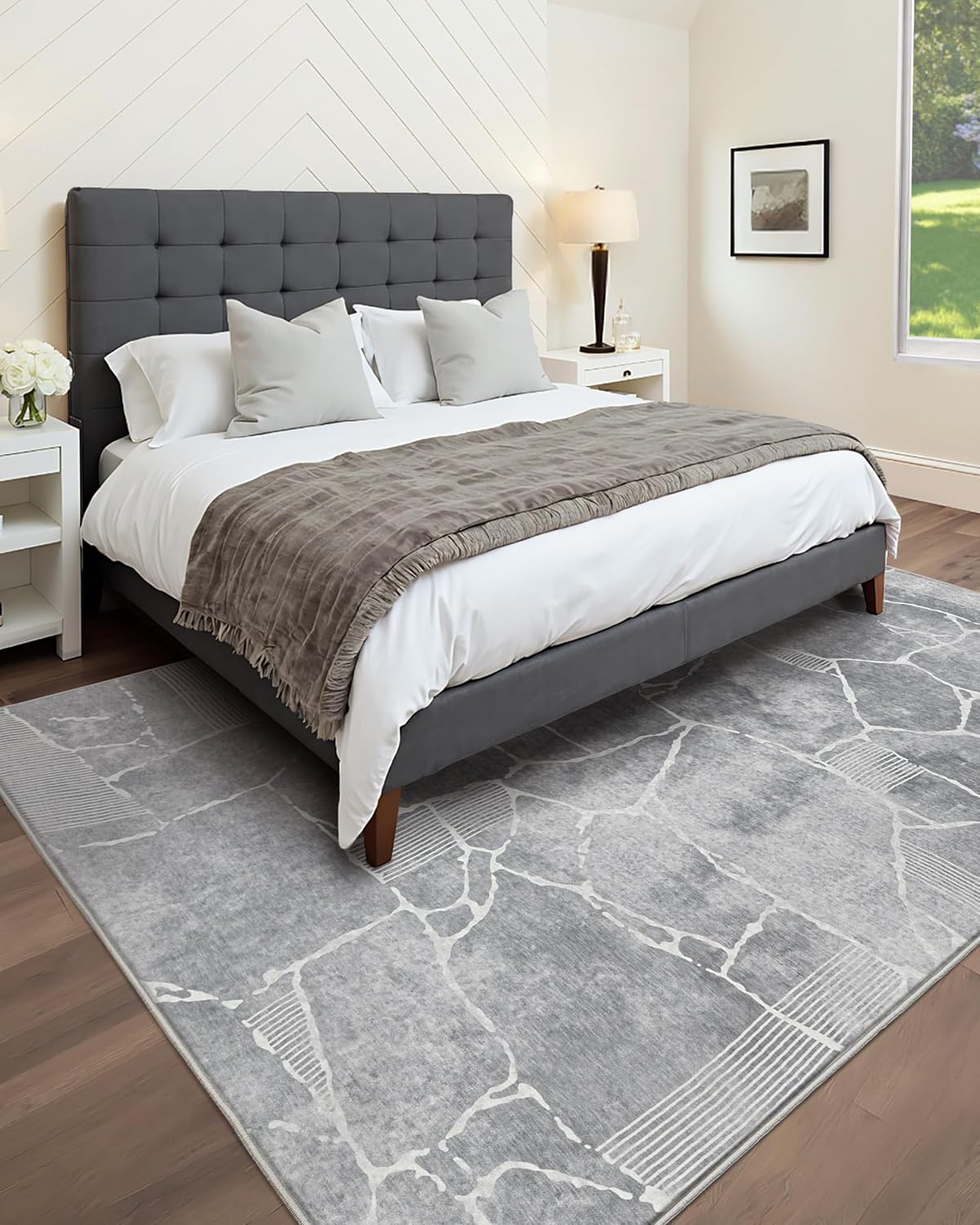 Area Rug 8x10 Machine Washable Rug Vintage Traditional Floor Cover Foldable Thin Retro Indoor Non Slip Carpet Floral Print Mat Bedroom Living Room Dining Room Office,Stone Crevice Gray