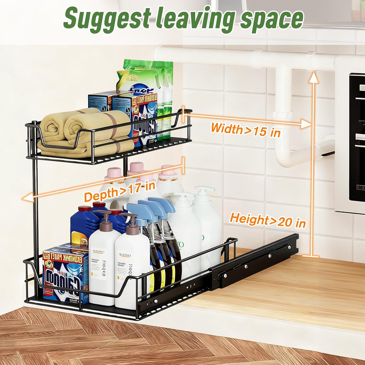 Under Sink Organizer, 2 Tier Pull Out Cabinet Organizer and Storage for Kitchen Fully Extendable Slide out, Heavy Duty Under Sink Storage for Bathroom Laundry Kitchen Pantry Closet (Black Large Size)