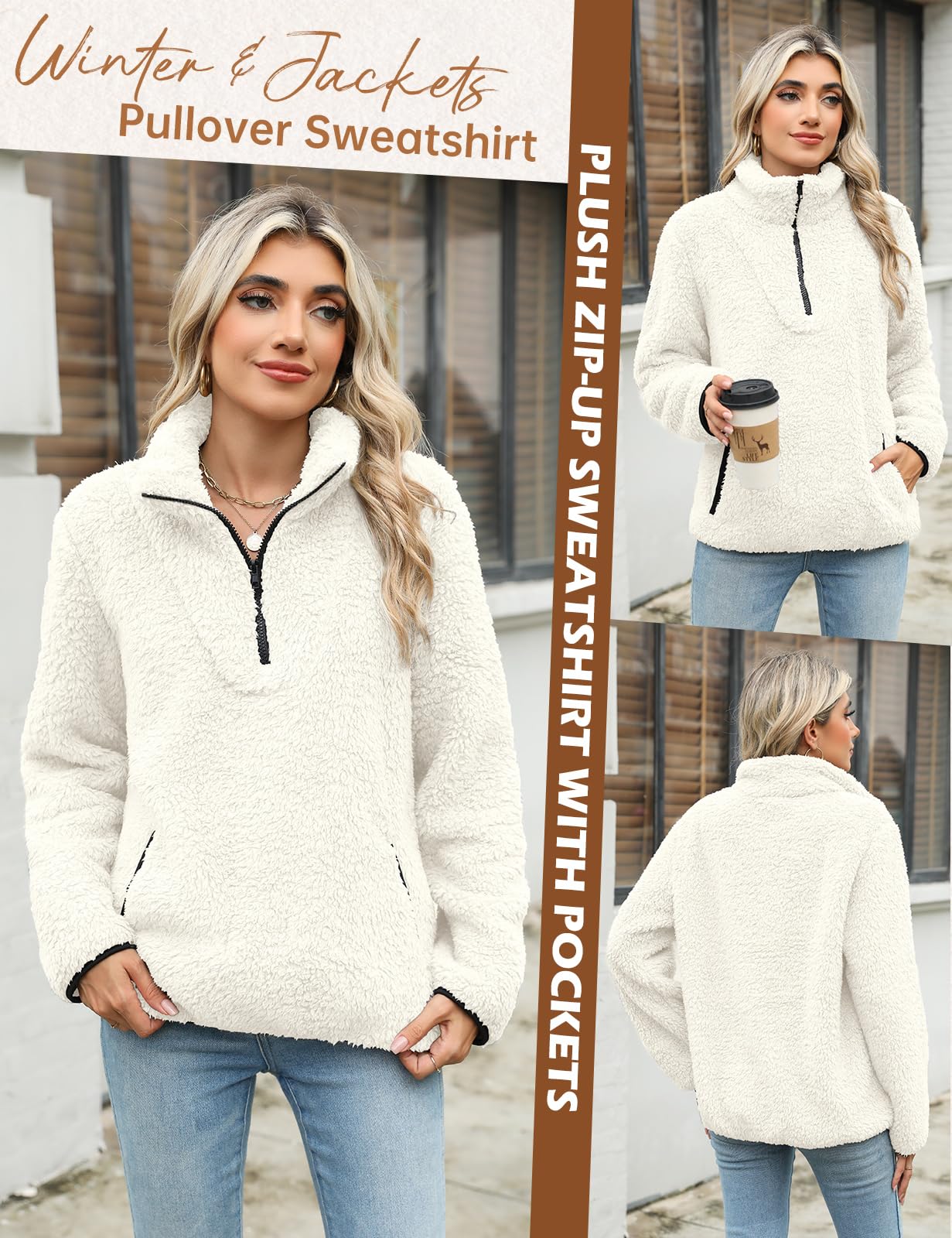 Tuopuda Sweatshirt Femme Polaire Zippé, Sweat Manches Longues, Pulls en Peluche Sweat-Shirt avec Poche Streetwear Sport Tops Élégant Casual Pullover Automne Hiver
