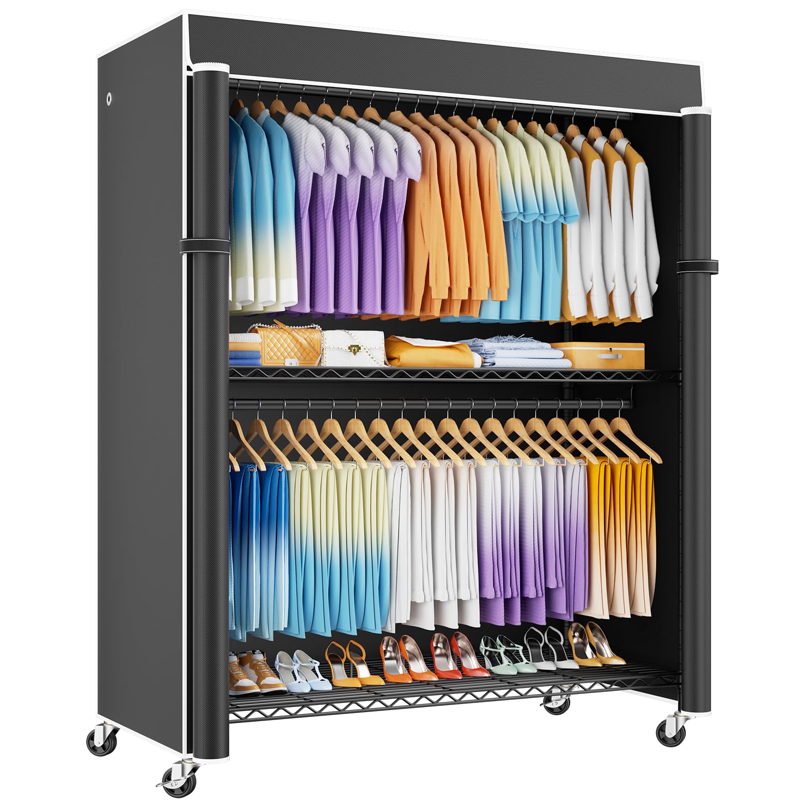 ULIFHOME P8C Max Heavy Duty Clothes Rack with Wheels, Extended Width Design