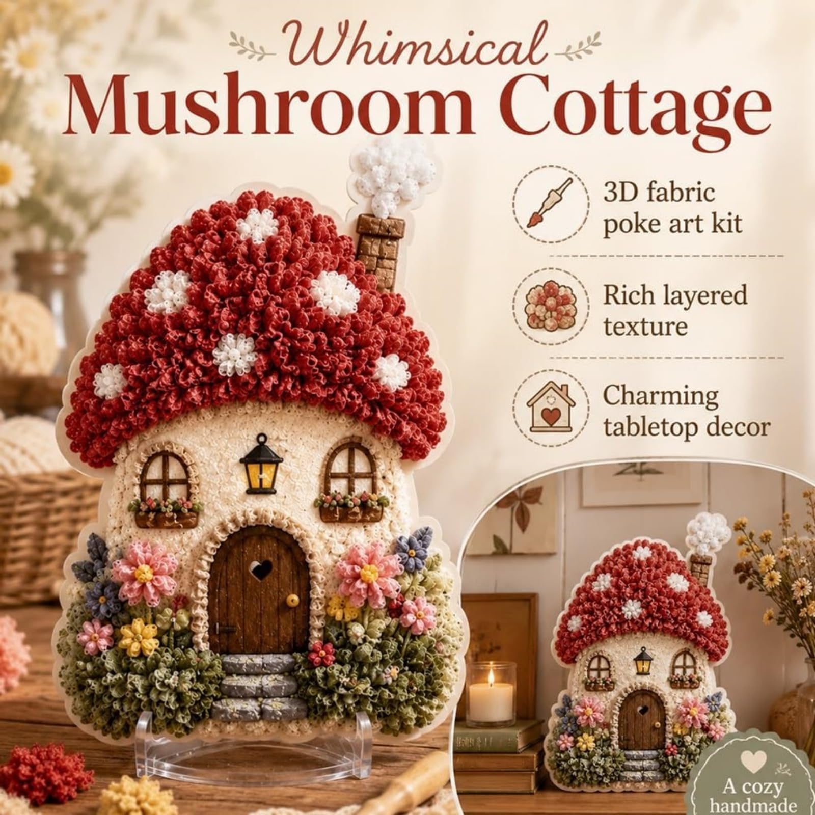 Kit per ricamo 3D Villaggio Incantato - Casetta con Funghi e Fiori (6Pcs) | Kit per ricamo fai da te con ago da punzonatura per adulti, grazioso kit decorativo, accogliente regalo in stiles
