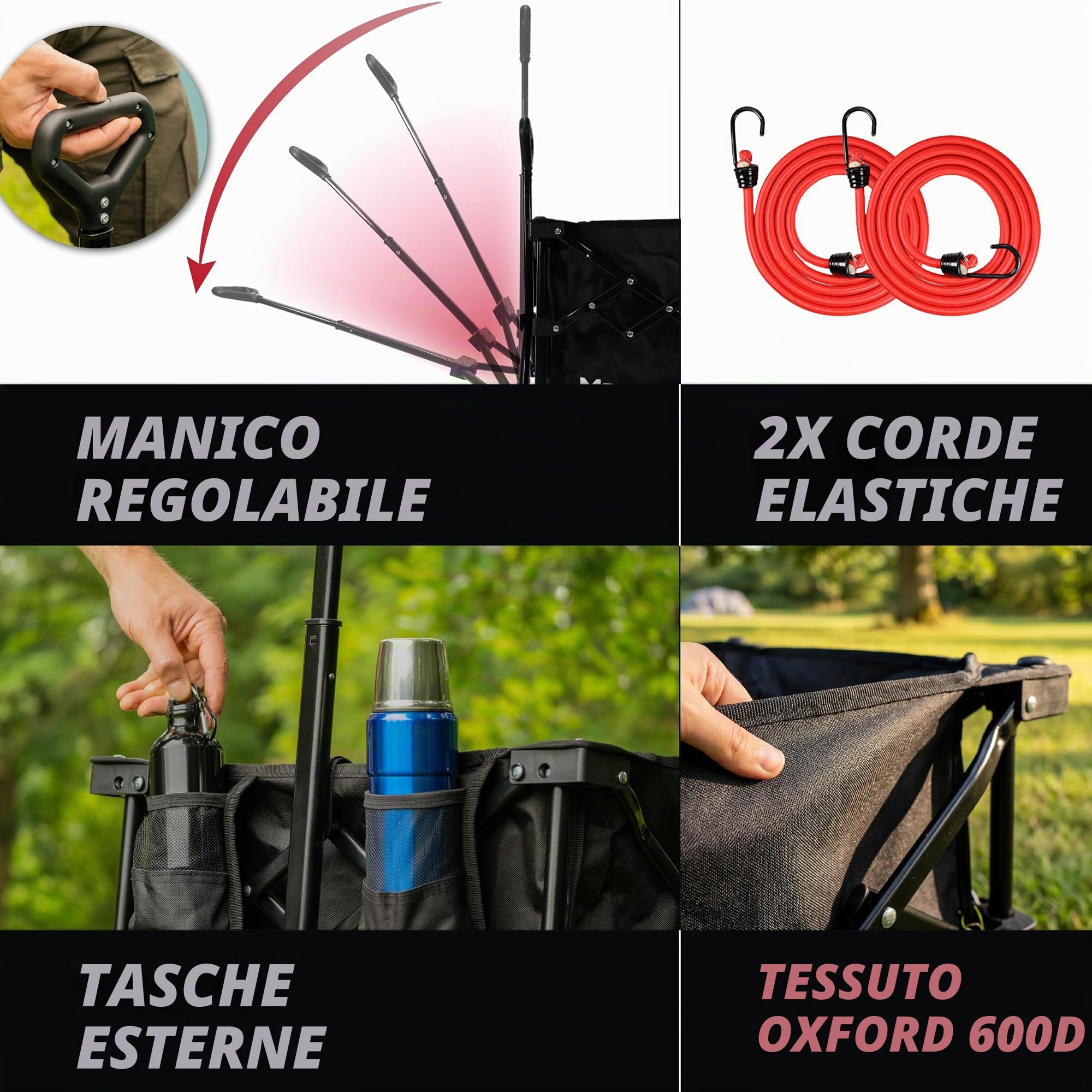 MoverX Carrello da 200 litri, pieghevole, portatile, per campeggio, spiaggia, giardino, picnic, shopping, pesca, ruote larghe, manico regolabile, nero
