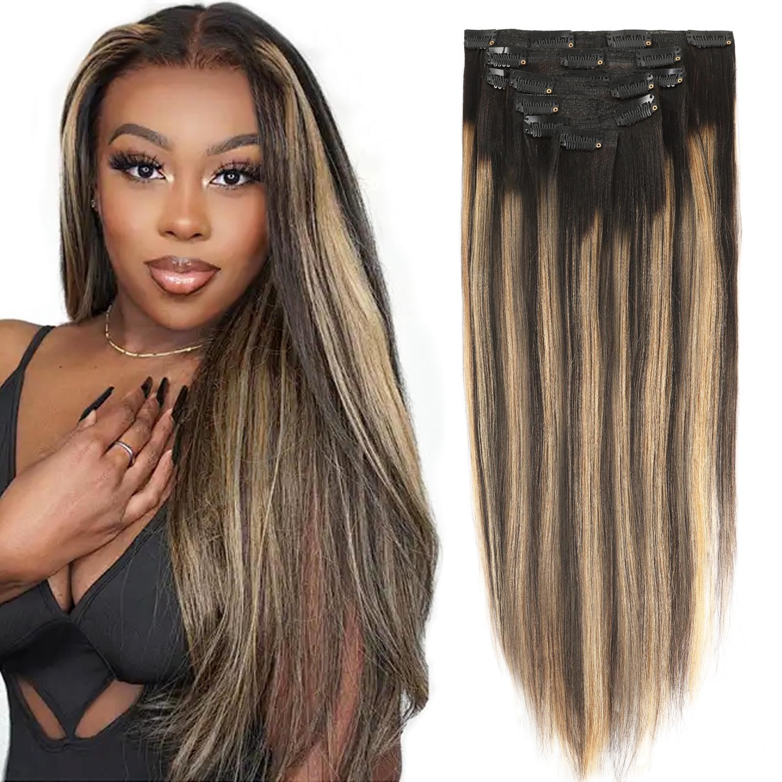 Lovrio Yaki Clip in Hair Extensions Human Hair Root Natural Black #1B to Caramel Blonde #27 Yaki Straight Clip ins Human Hair Double Weft Light Yaki