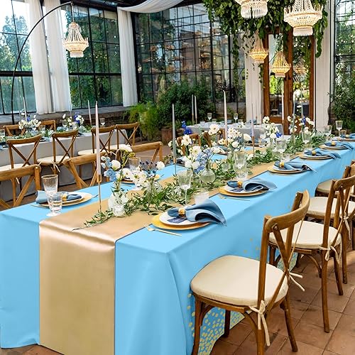 Miniatura 6 de Tudomro 16 manteles desechables de plástico rectangulares, manteles de mesa de 54 x 108 pulgadas con camino de mesa de satén de 12 x 108 pulgadas,