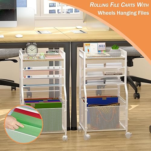 Miniatura 9 de Carro de archivos rodante de 5 niveles con carpetas de archivos colgantes, organizador de archivos de escritorio móvil en ruedas con cerradura,