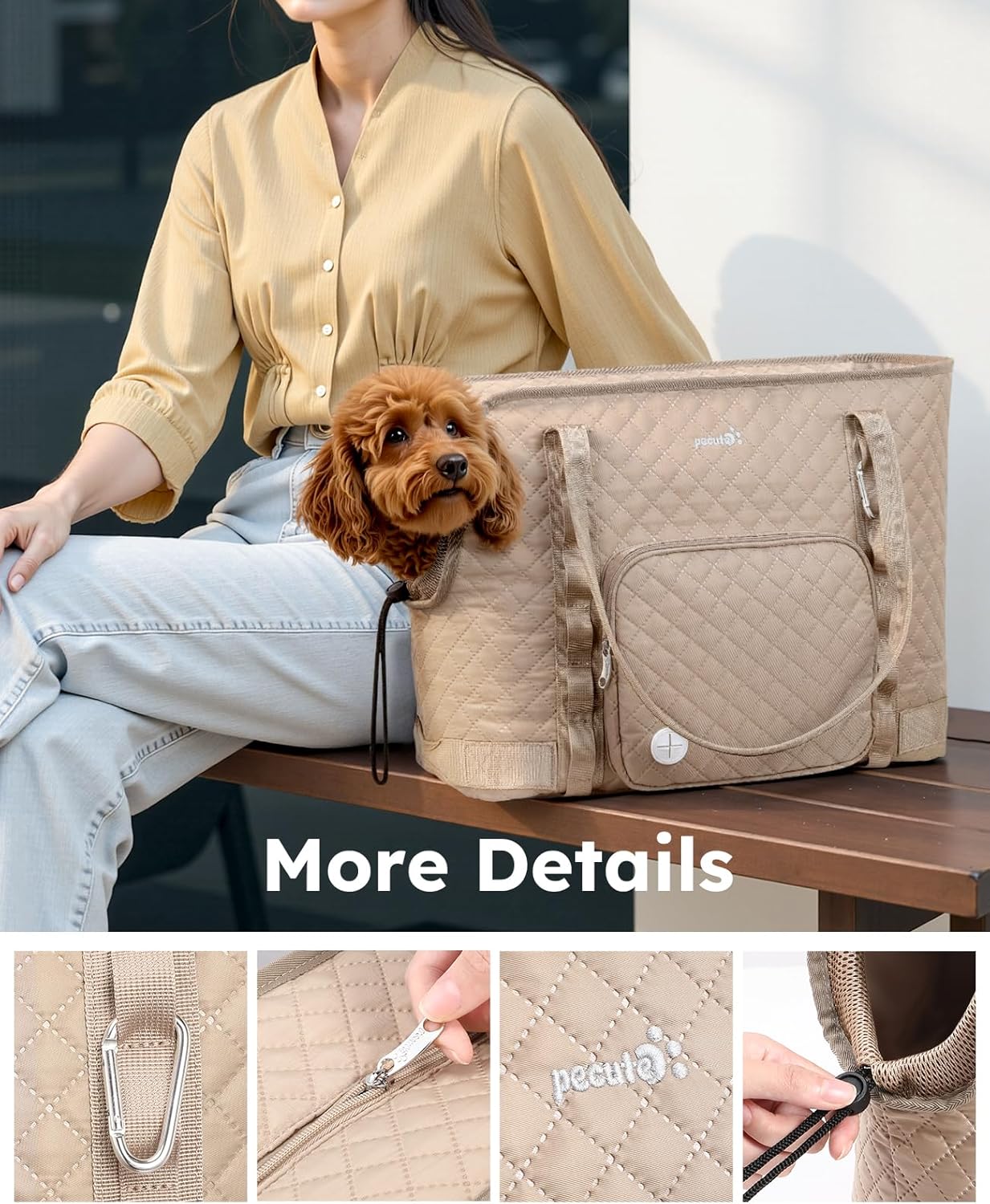 Pecute Dog Purse Carrier, Dog Carrier with Pockets for Small Dogs, Fits Dogs 8.8 lbs to 13 lbs, Cat and Puppies Tote Bag, Outing, Travel, Vet, XL,16.9" L x 7.9" W x 13.8" H, Khaki