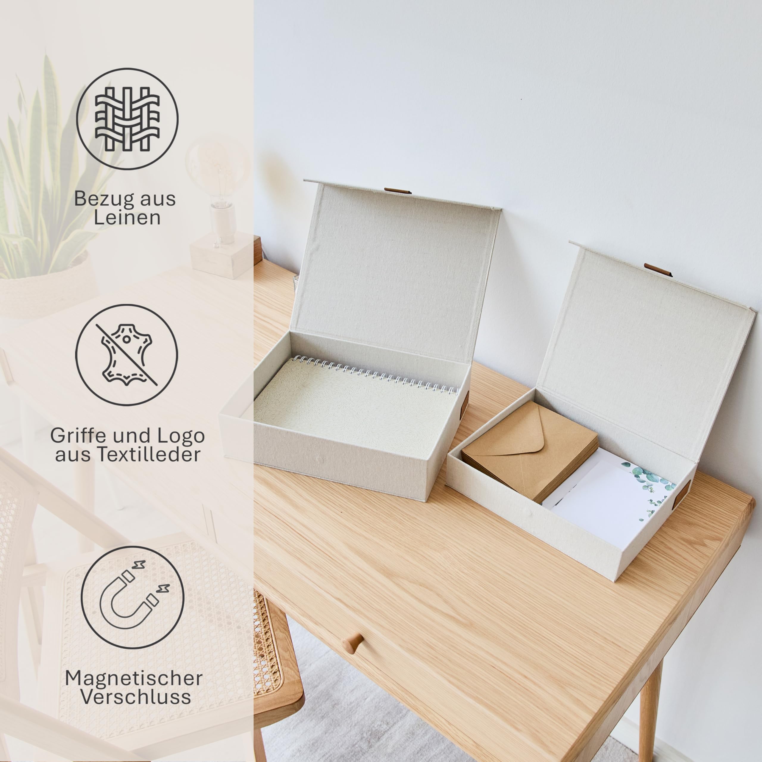 LOVE IT STORE IT Premium Aufbewahrungsbox mit Deckel, Beige, 2er Set | Ordnungsboxen mit magnetischem Klappdeckel aus Leinen, Ideal für A4-Papier, 2 Boxen in verschiedenen Größen