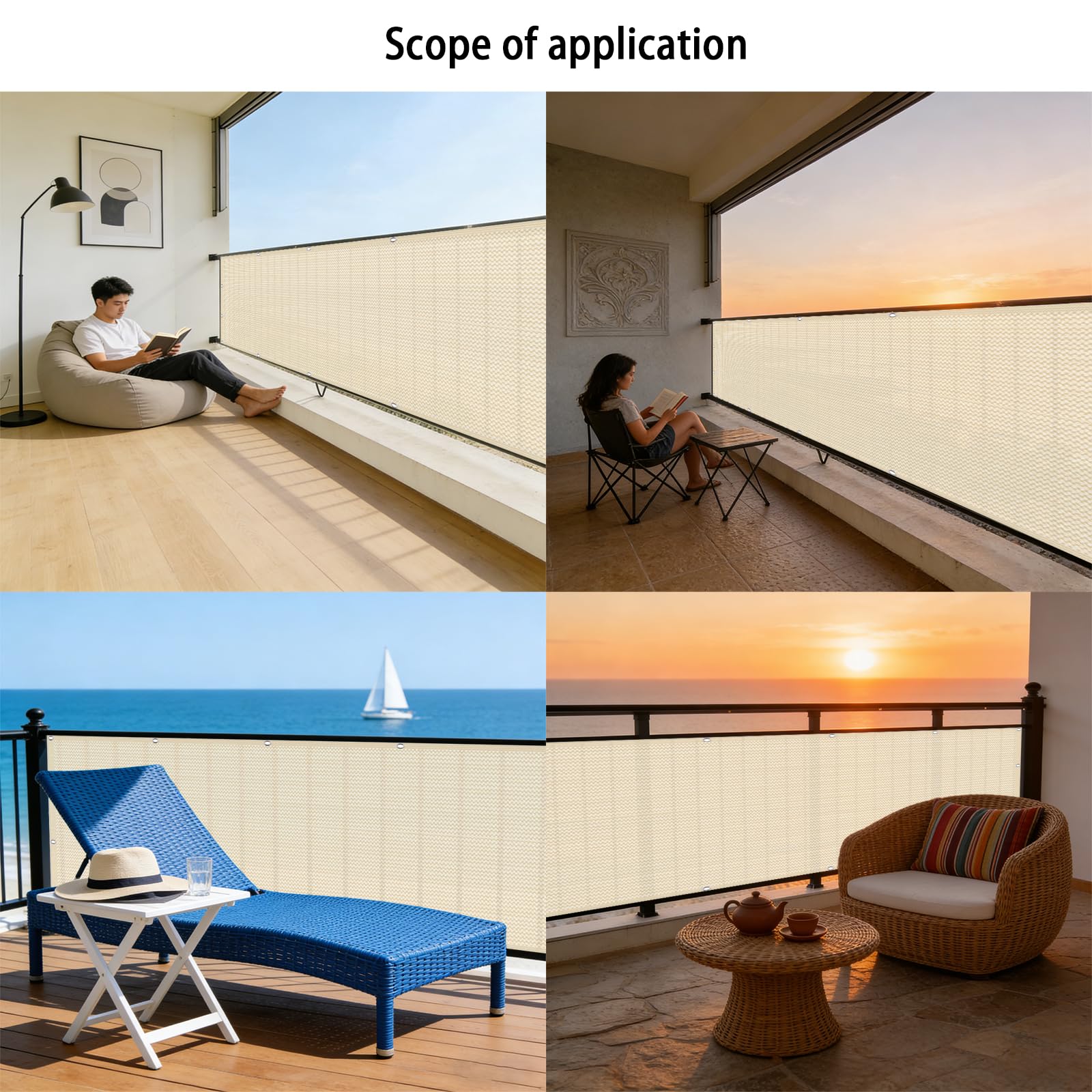 Recinzione Copertura 190 x 425 cm in HDPE 220G ㎡, Frangivento, Protezione Solare, Permeabile, Anti-Uv, Telo Frangi-Vista Balcone con Fascette e Funi para Jardín Exterior, Color Crema