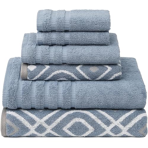Modern Threads Oxford 6-Piece 100% Cotton Towel Set – Yarn Dyed Jacquard & Solid – Includes 2 Bath Towels, 2 Hand Towels, 2 Washcloths – Absorbent, Quick Dry, Soft & Durable – Blue