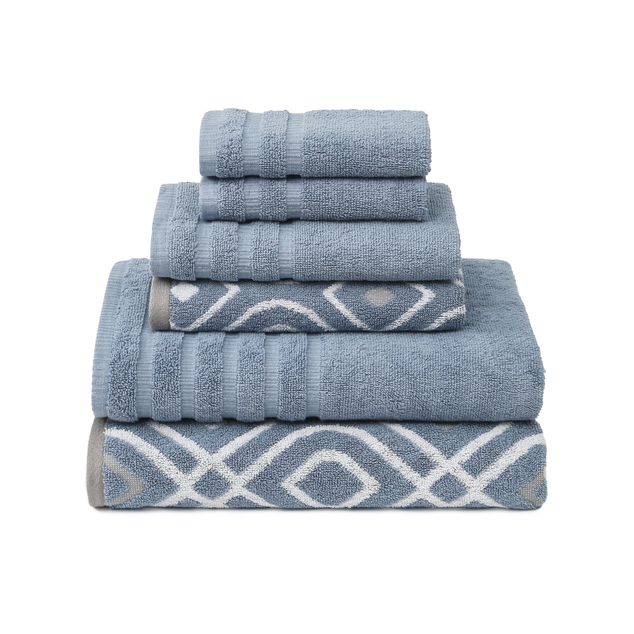 Modern Threads Oxford 6-Piece 100% Cotton Towel Set – Yarn Dyed Jacquard & Solid – Includes 2 Bath Towels, 2 Hand Towels, 2 Washcloths – Absorbent, Quick Dry, Soft & Durable – Blue