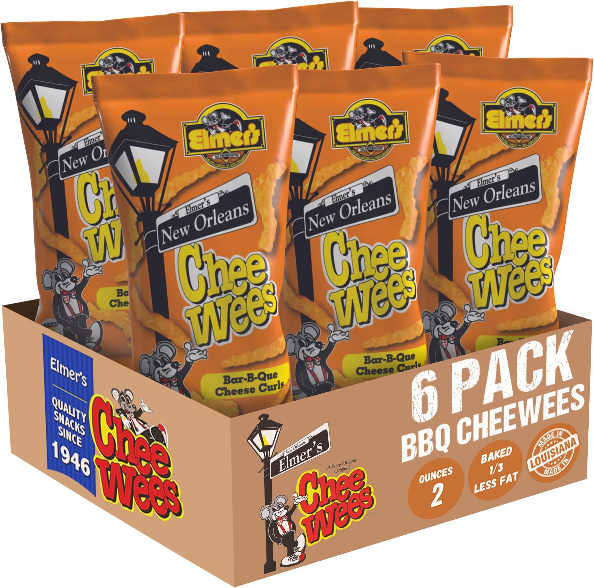 Elmer's New Orleans Chee-wee's, Authentic NOLA BBQ Flavor, Irresistible Crunchy Snack Delight 2 oz Bags, Pack of 6
