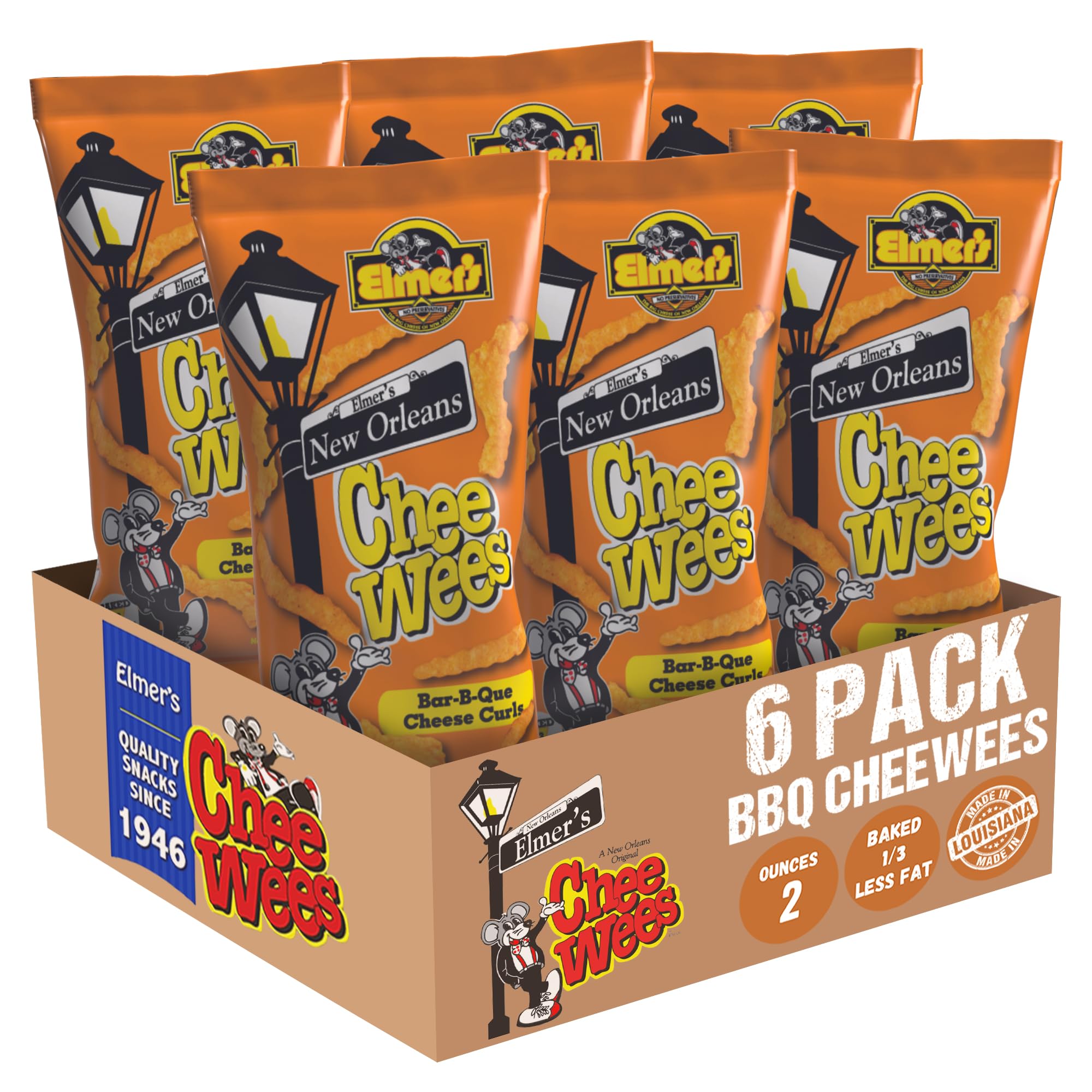 Elmer's New Orleans Chee-wee's, Authentic NOLA BBQ Flavor, Irresistible Crunchy Snack Delight 2 oz Bags, Pack of 6