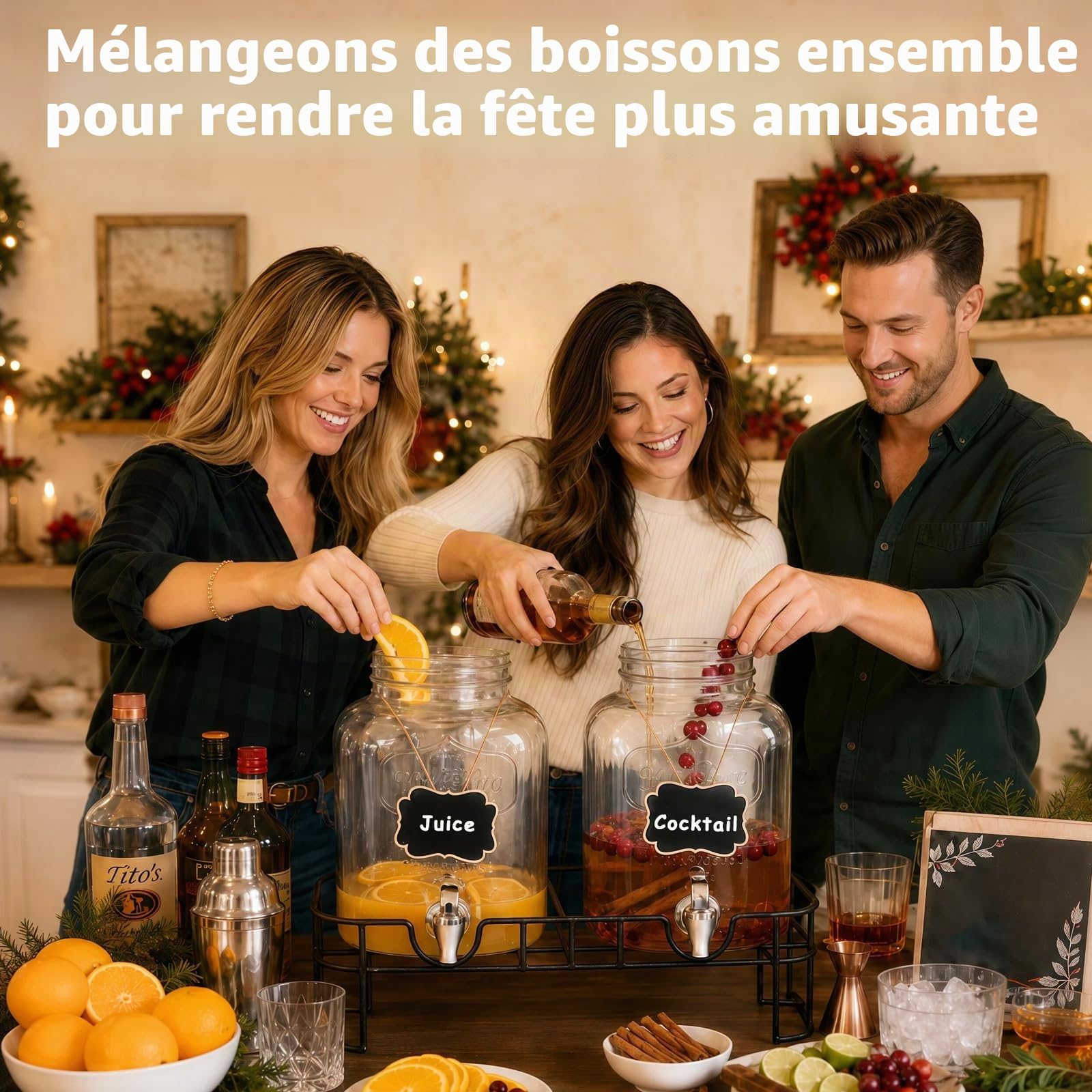 Distributeur de boissons en verre avec robinet, 2 x 4 litres avec infuseur à fruits et support, distributeur d'eau avec robinet pour barbecue, pique-nique, fête, distributeur de boissons