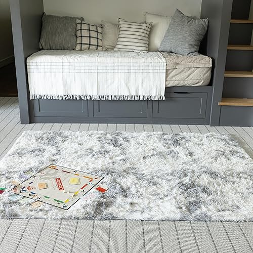 Miniatura 3 de Ophanie Alfombras de área gris y blanco para sala de estar, de 5 x 7 pies, alfombras suaves de felpa mullidas, alfombras peludas para el suelo, para